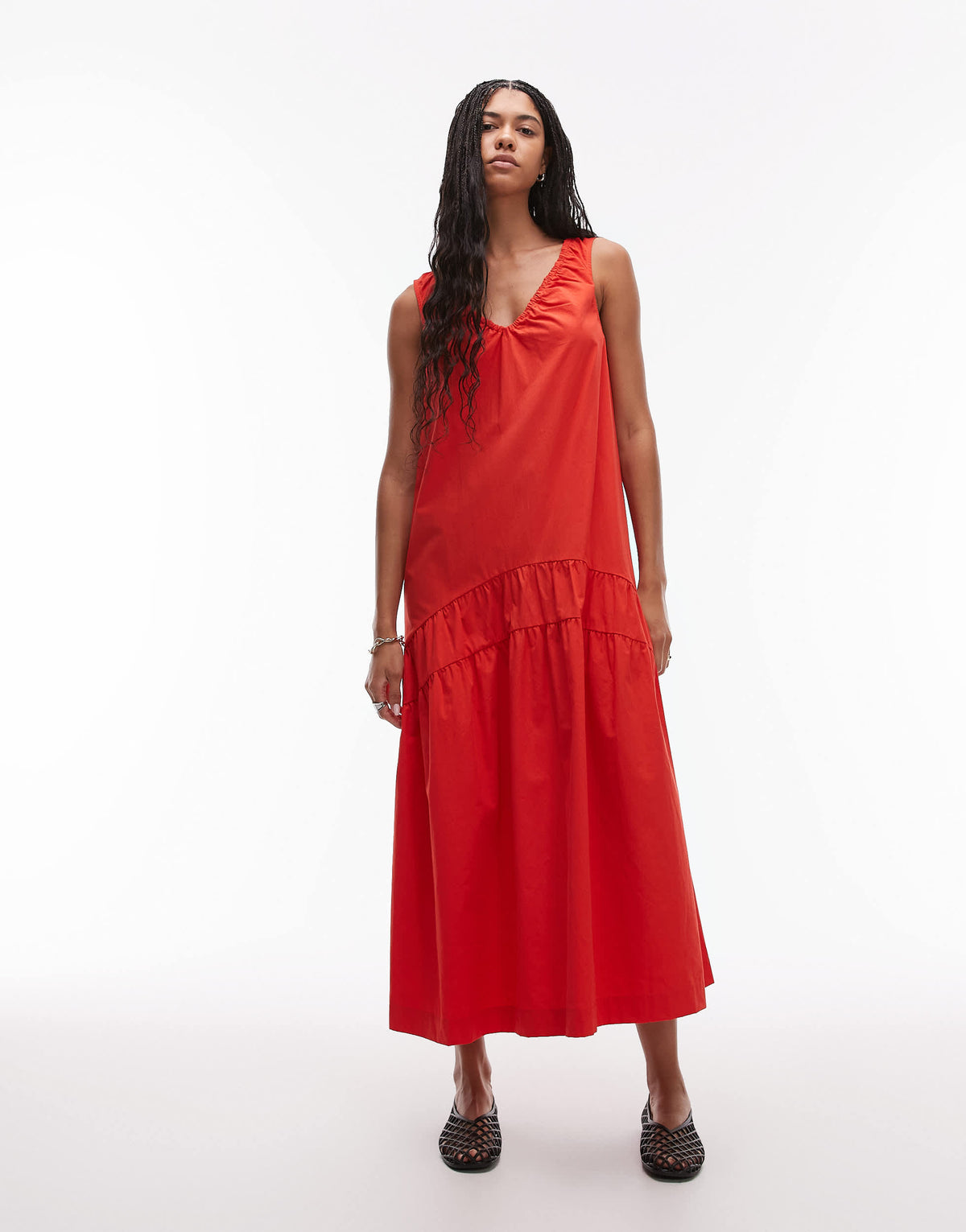 Topshop dropped waist chuck on poplin midi dress in tomato red