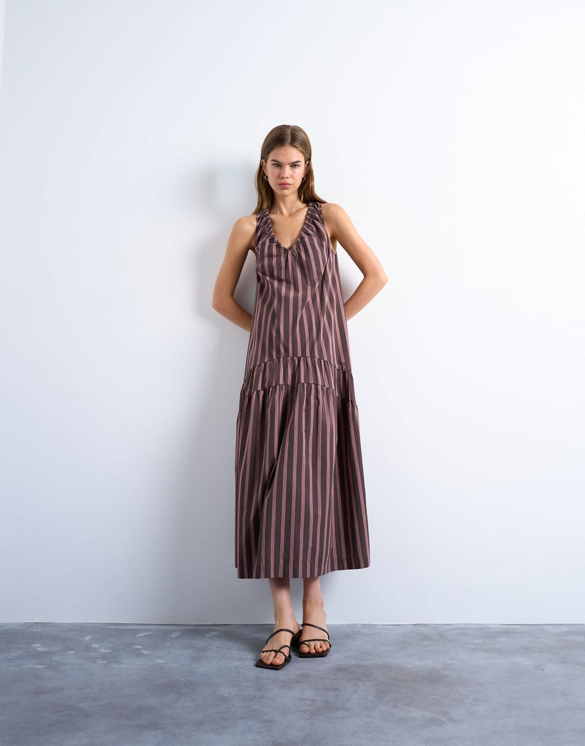 Topshop dropped waist chuck on poplin midi dress in pink and choc stripe