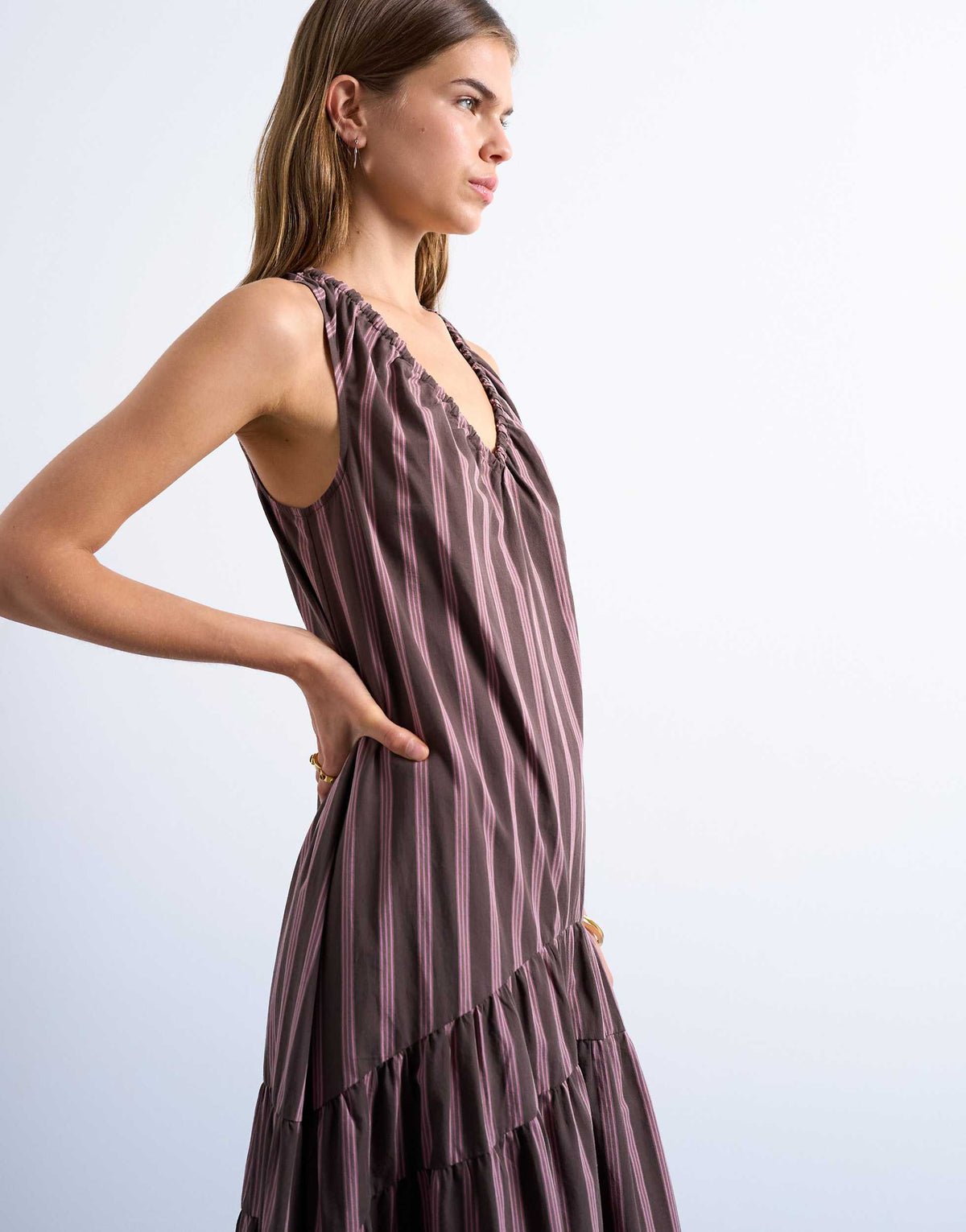 Topshop dropped waist chuck on poplin midi dress in pink and choc stripe