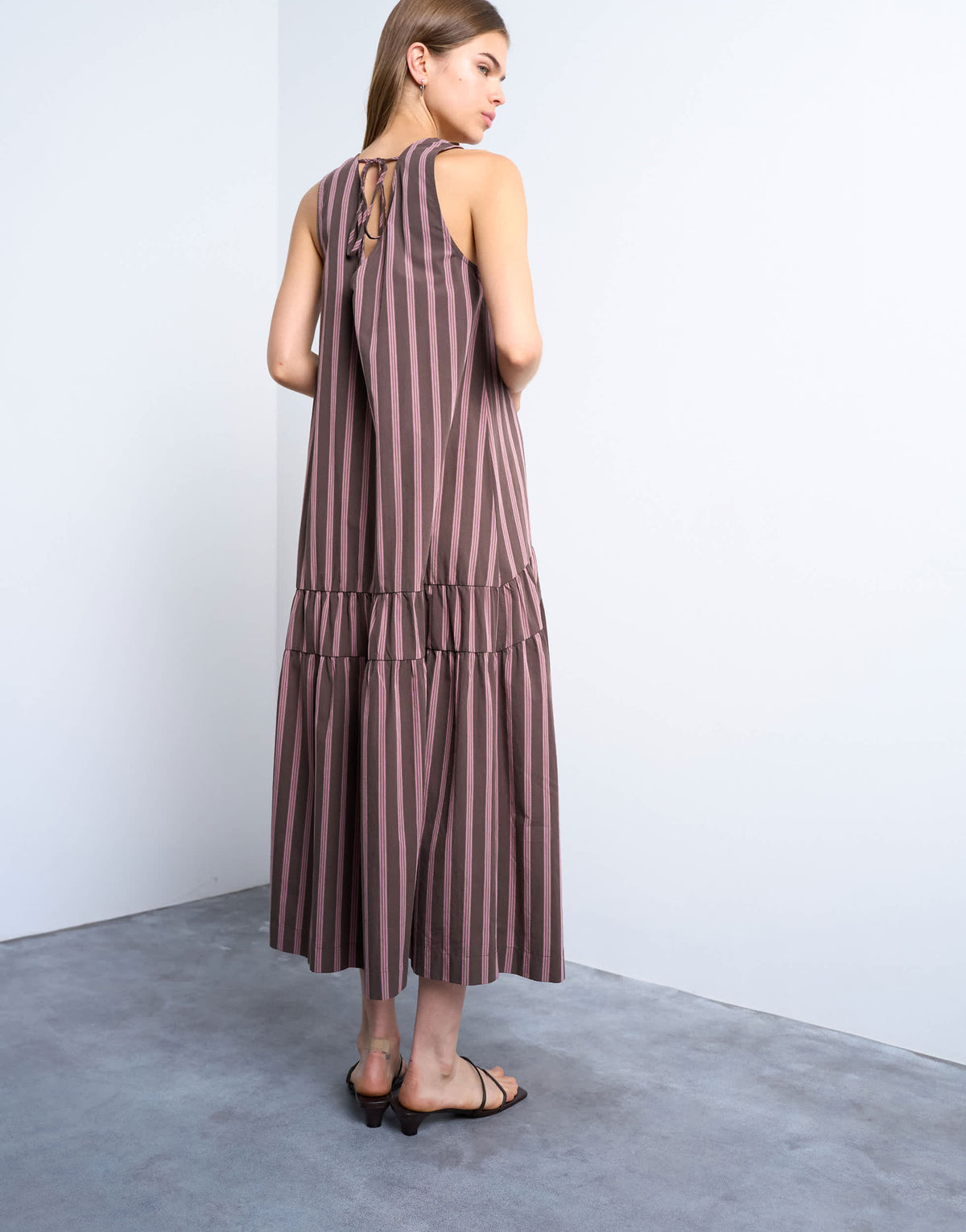 Topshop dropped waist chuck on poplin midi dress in pink and choc stripe