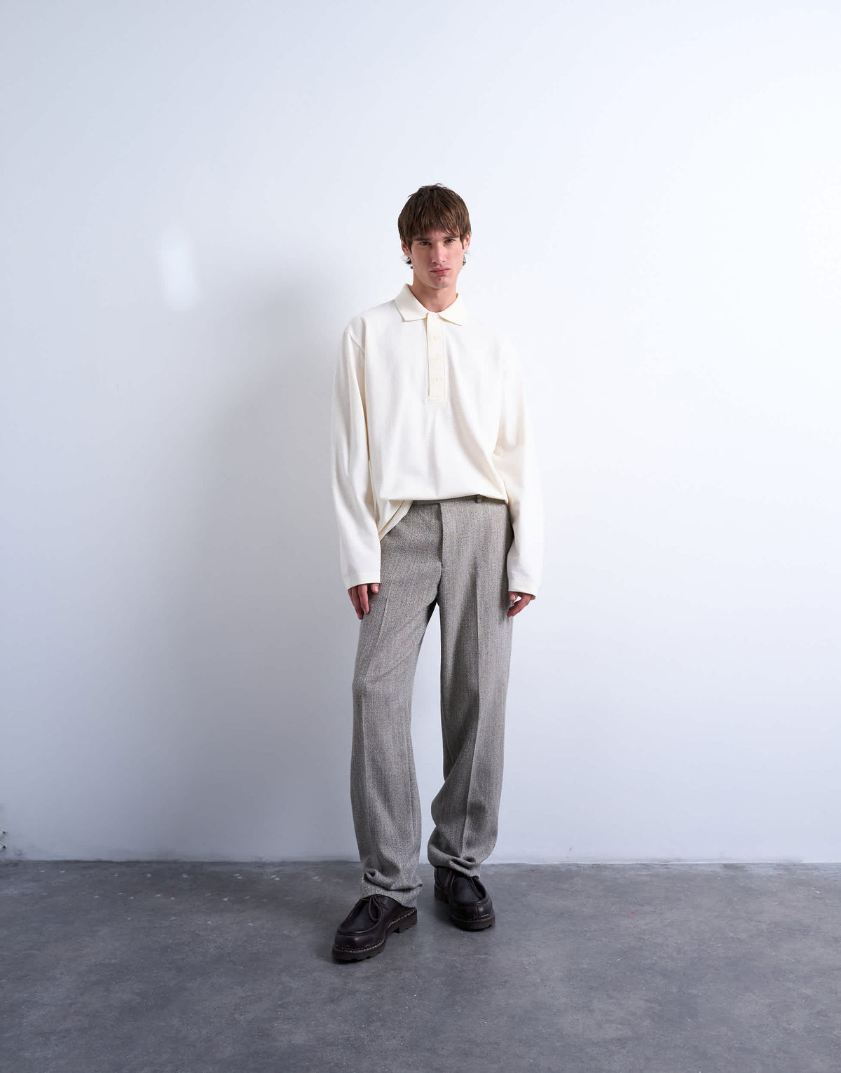 Topman relaxed fit structured stitch long sleeve polo in ecru 
