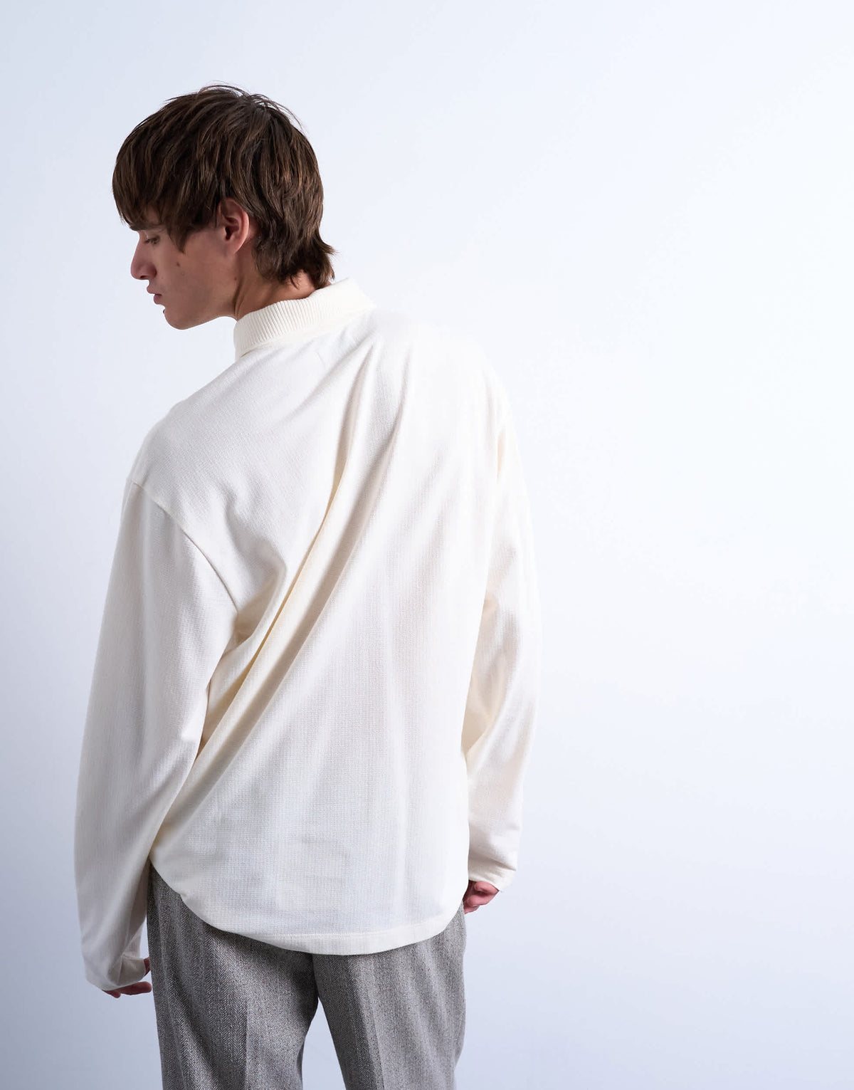 Topman relaxed fit structured stitch long sleeve polo in ecru 
