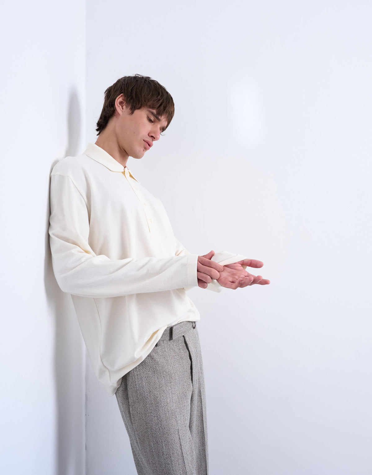 Topman relaxed fit structured stitch long sleeve polo in ecru 