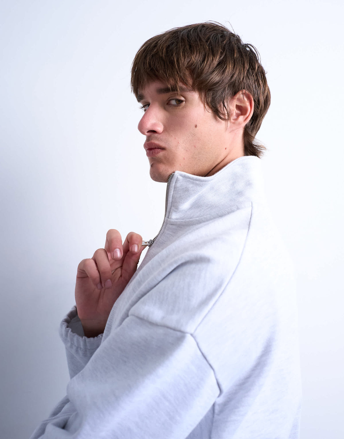 Topman heavyweight boxy fit zip through funnel neck sweatshirt in light grey marl
