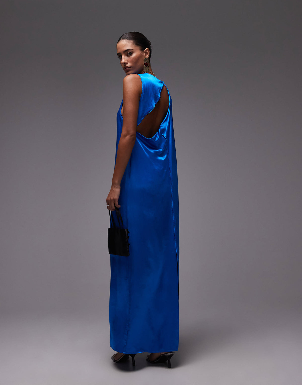 Topshop high neck open back chuck on satin dress in blue