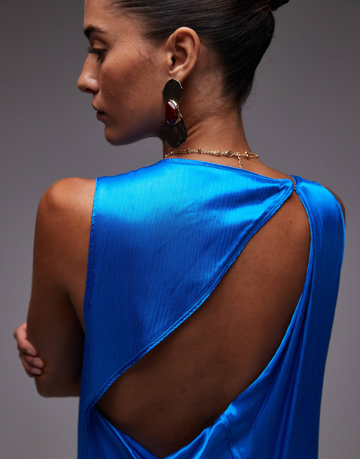 Topshop high neck open back chuck on satin dress in blue