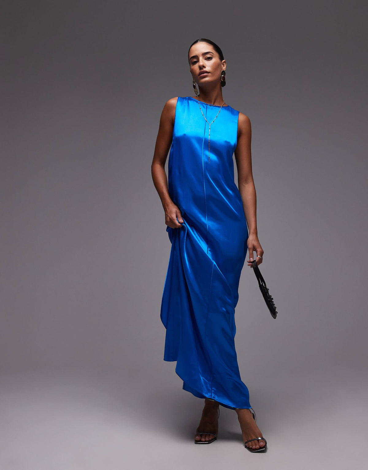 Topshop high neck open back chuck on satin dress in blue