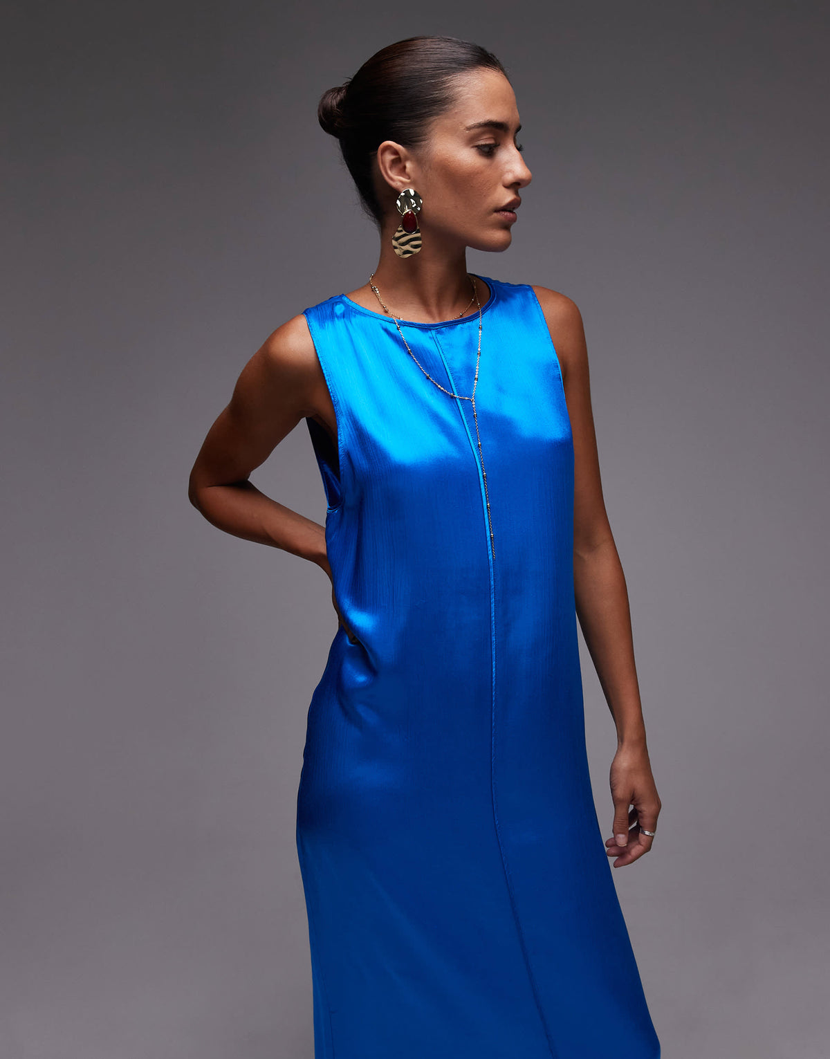 Topshop high neck open back chuck on satin dress in blue