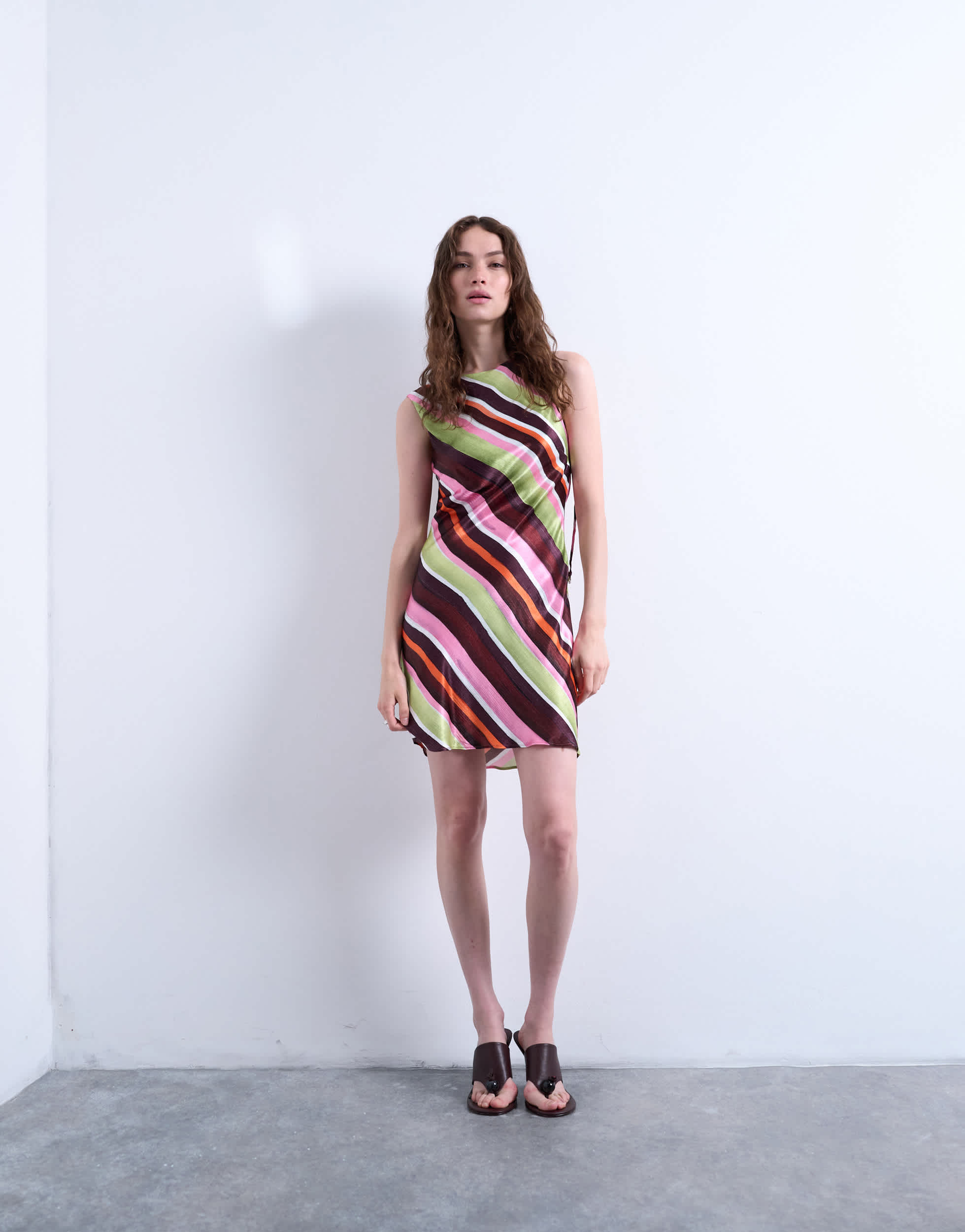 Topshop cut out back satin mini dress in green pink stripe