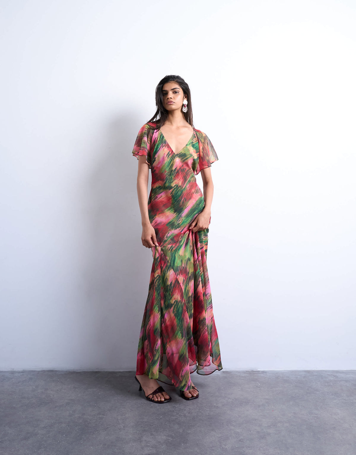 Topshop flutter sleeve godet hem midi dress in blurred floral