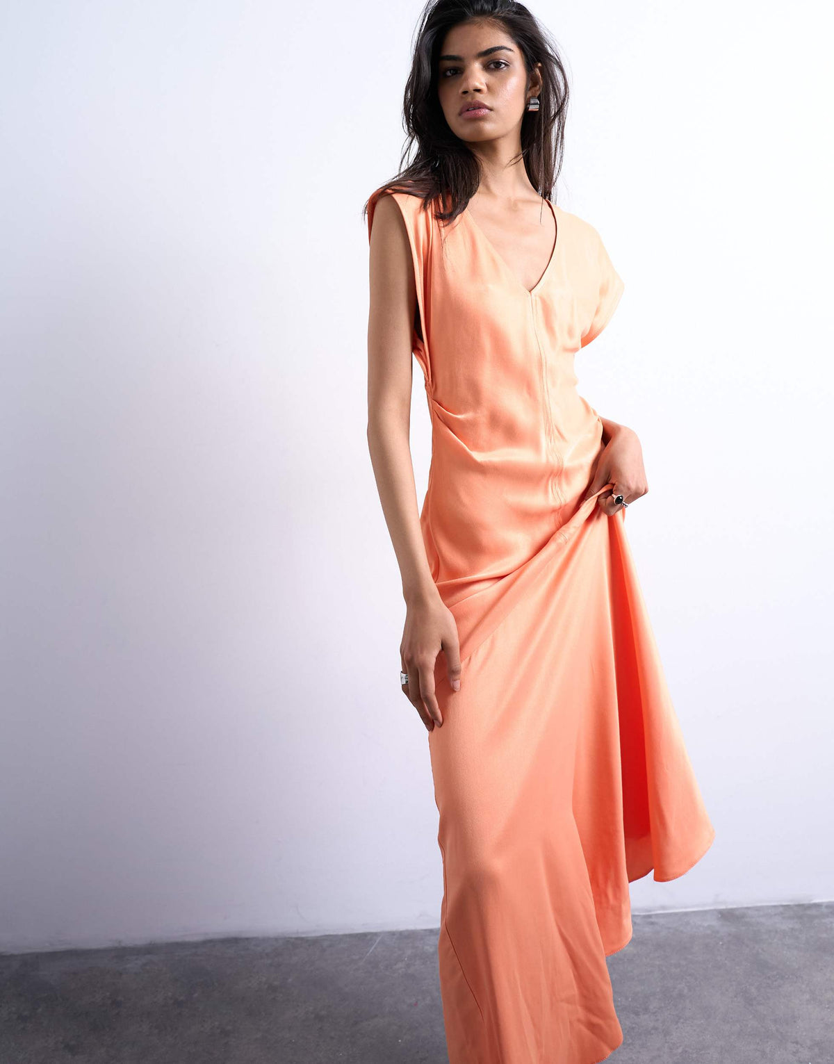 Topshop deep v tucked side satin maxi dress in peach