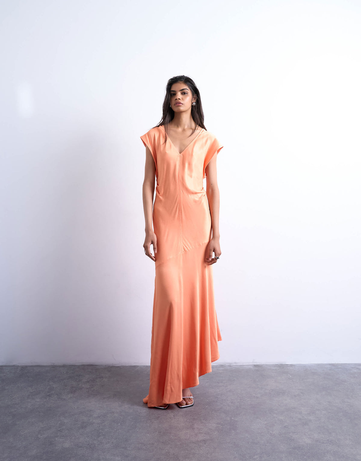 Topshop deep v tucked side satin maxi dress in peach