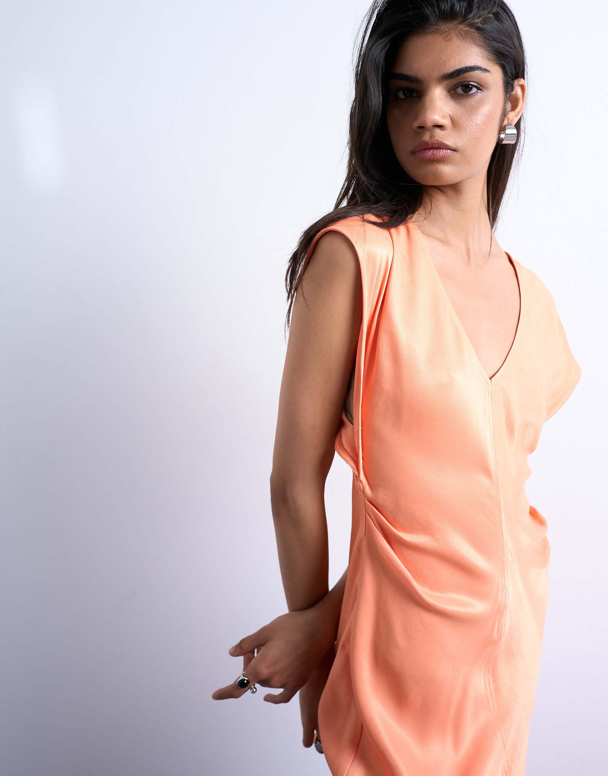 Topshop deep v tucked side satin maxi dress in peach