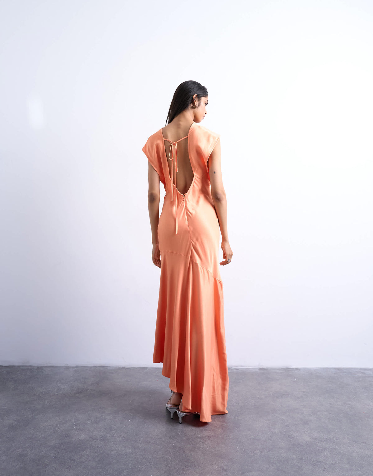 Topshop deep v tucked side satin maxi dress in peach