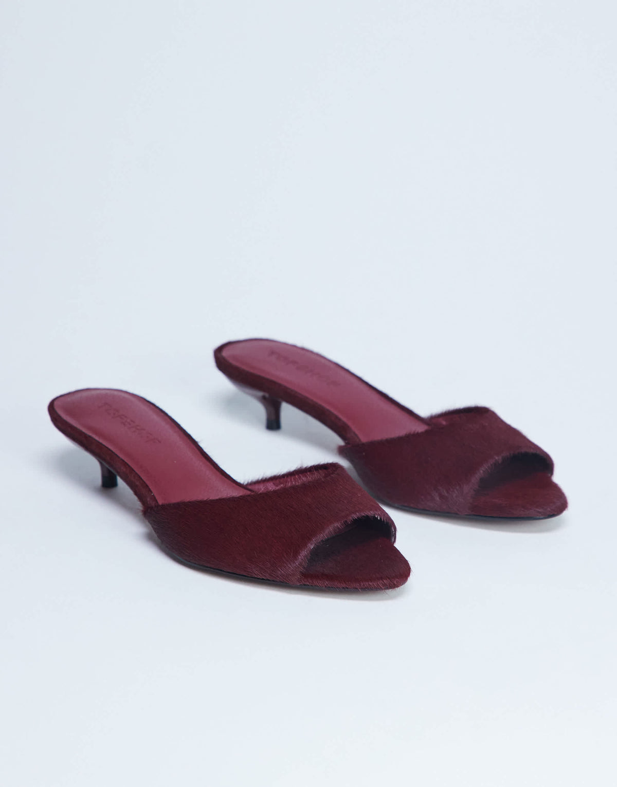 Topshop Alba peep toe kitten heel mule in red hair on real leather