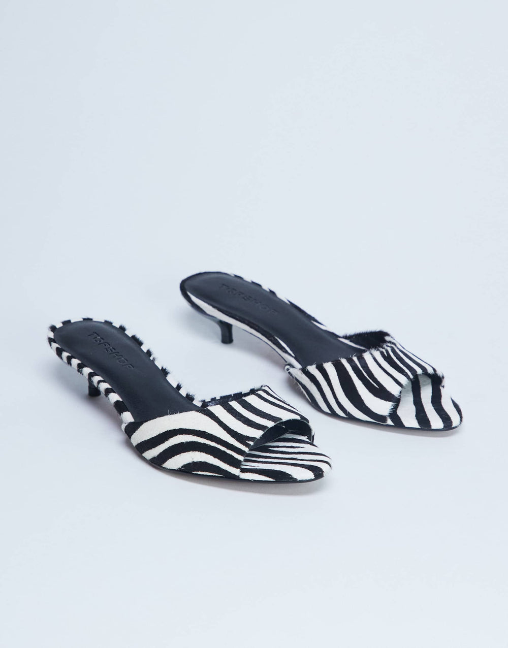 Topshop Alba peep toe kitten heel mule in zebra print hair on real leather