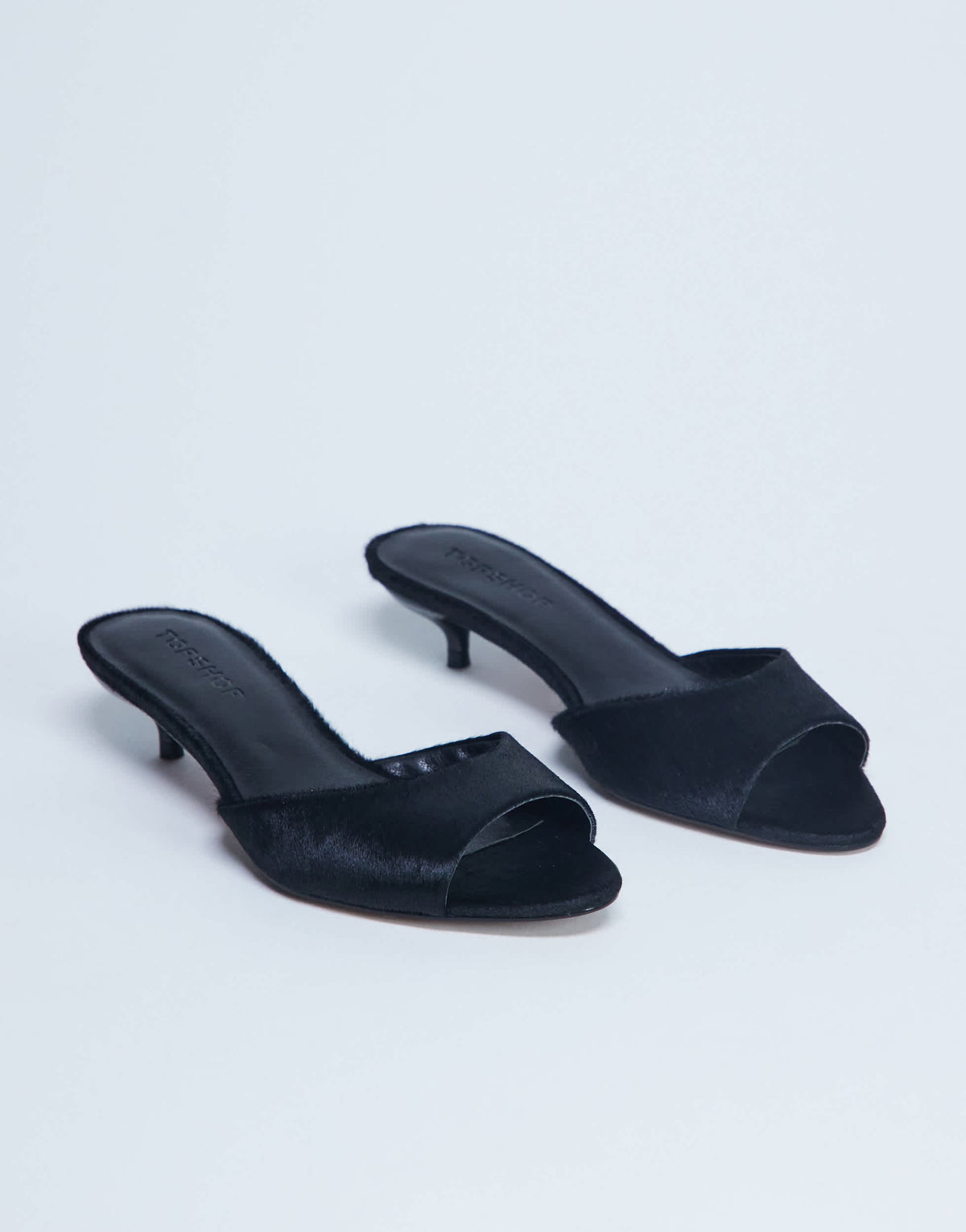 Topshop Alba peep toe kitten heel mule in black hair on real leather