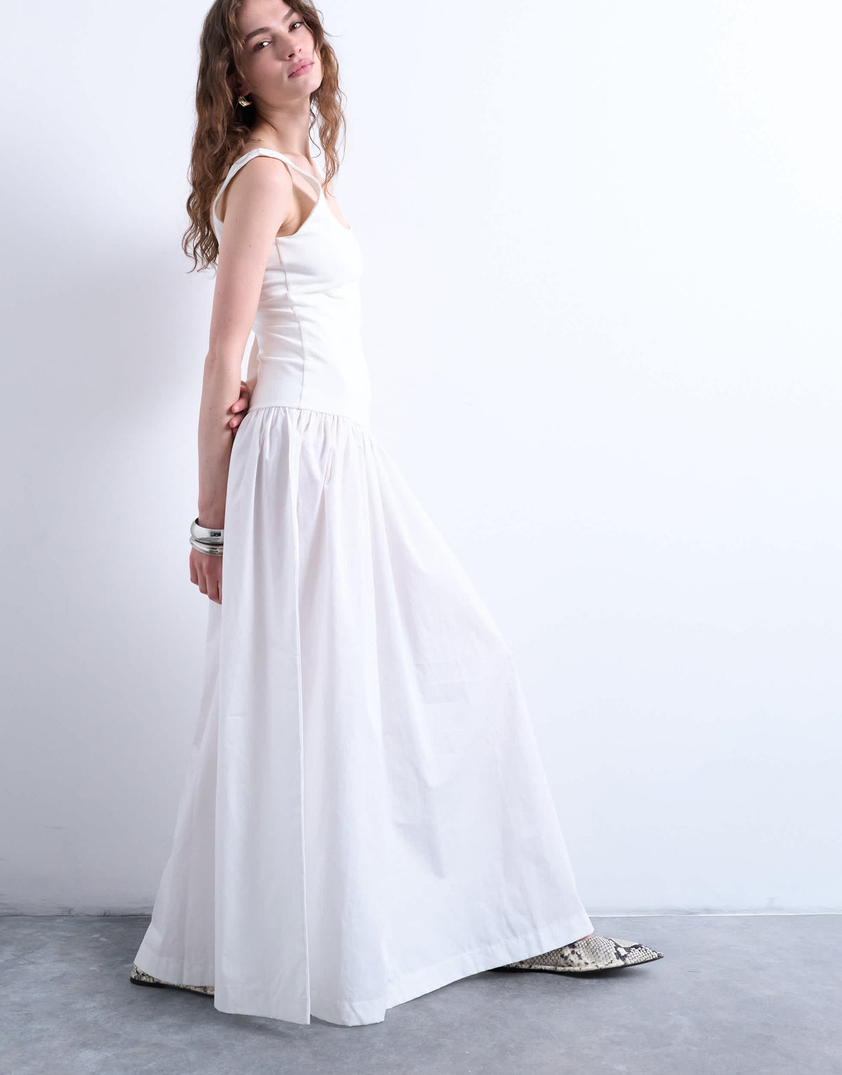 Topshop poplin mix scoop neck maxi dress in white