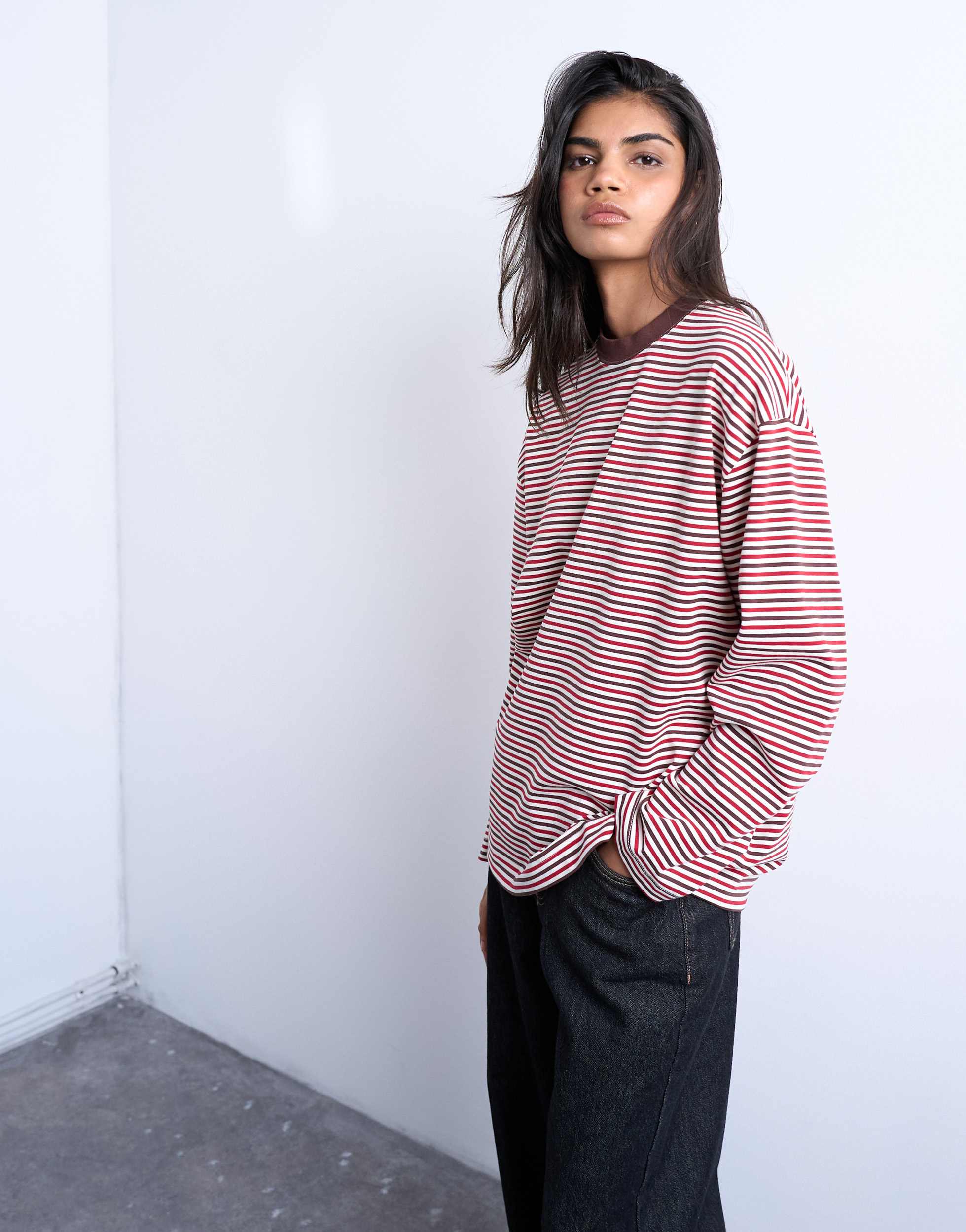 Topshop stripe premium interlock long sleeve skater tee in brown