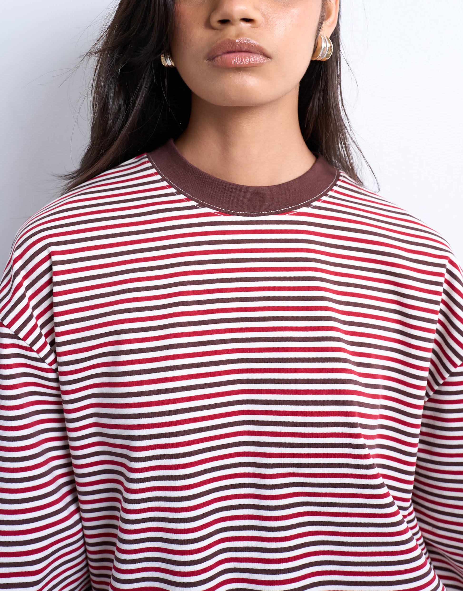 Topshop stripe premium interlock long sleeve skater tee in brown