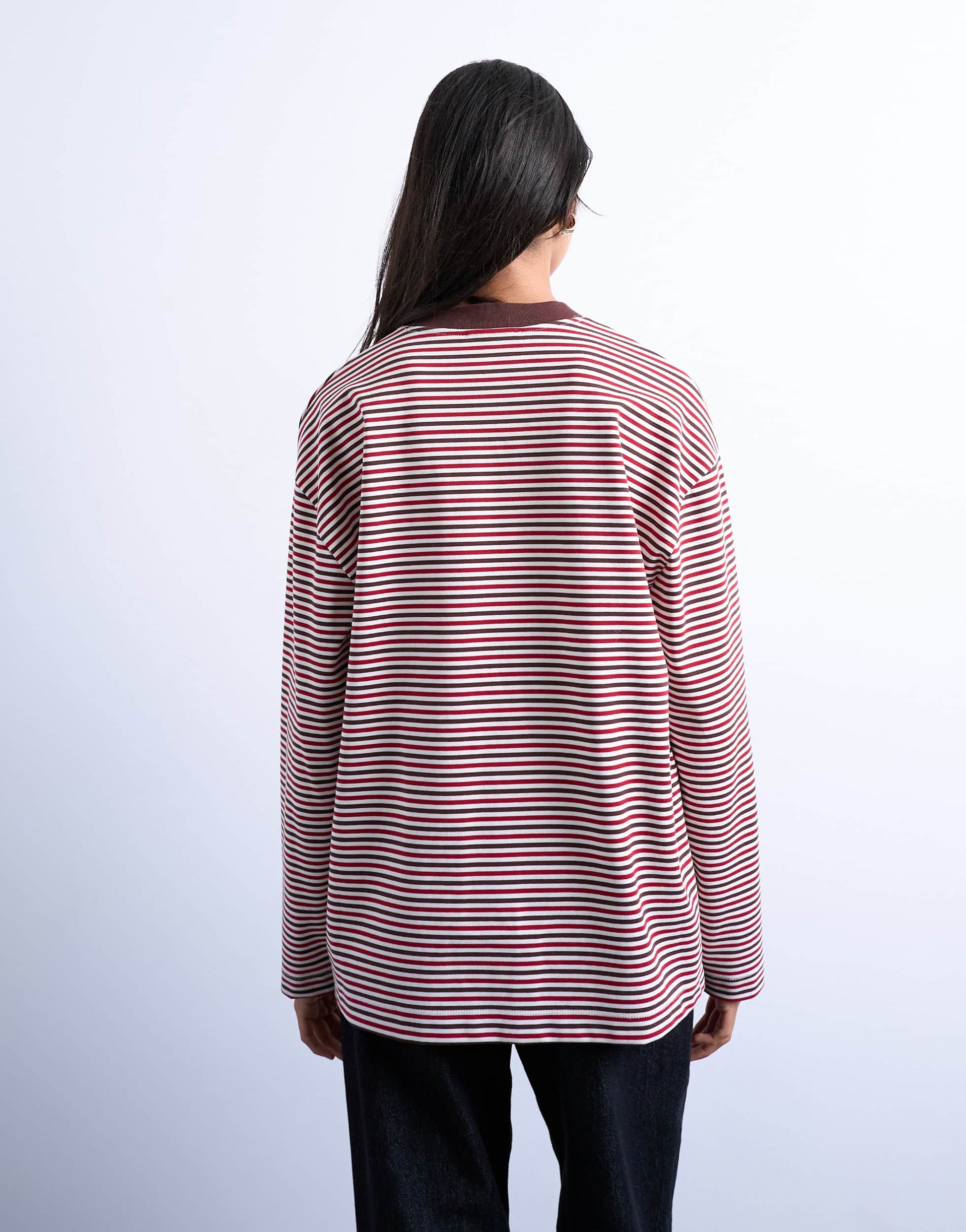 Topshop stripe premium interlock long sleeve skater tee in brown