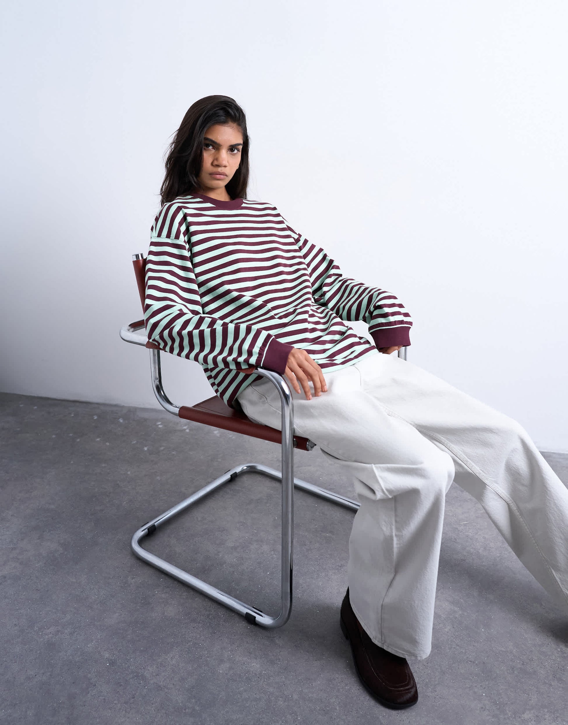 Topshop stripe long sleeve slouchy skater tee in mint and burgundy