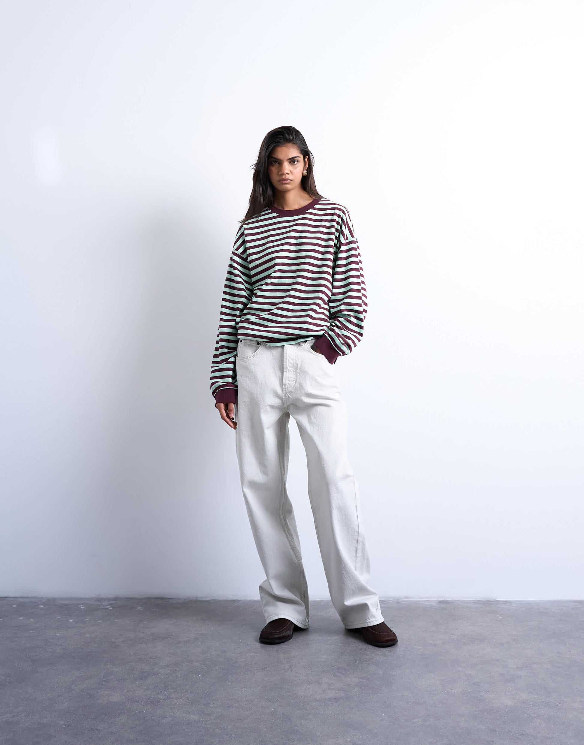 Topshop stripe long sleeve slouchy skater tee in mint and burgundy