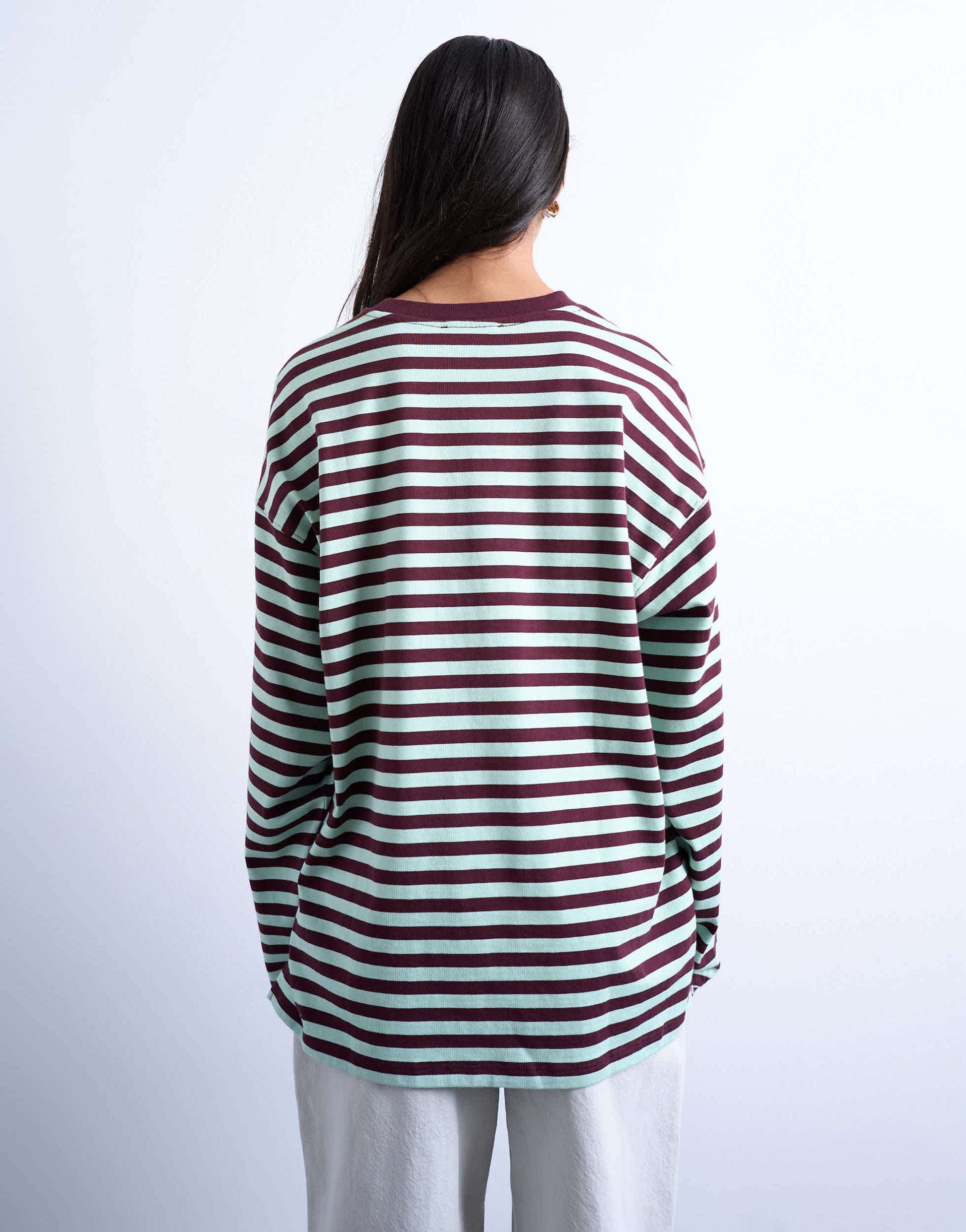 Topshop stripe long sleeve slouchy skater tee in mint and burgundy