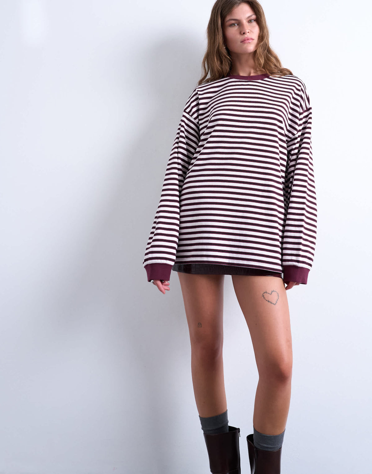 Topshop stripe long sleeve slouchy skater tee in burgundy
