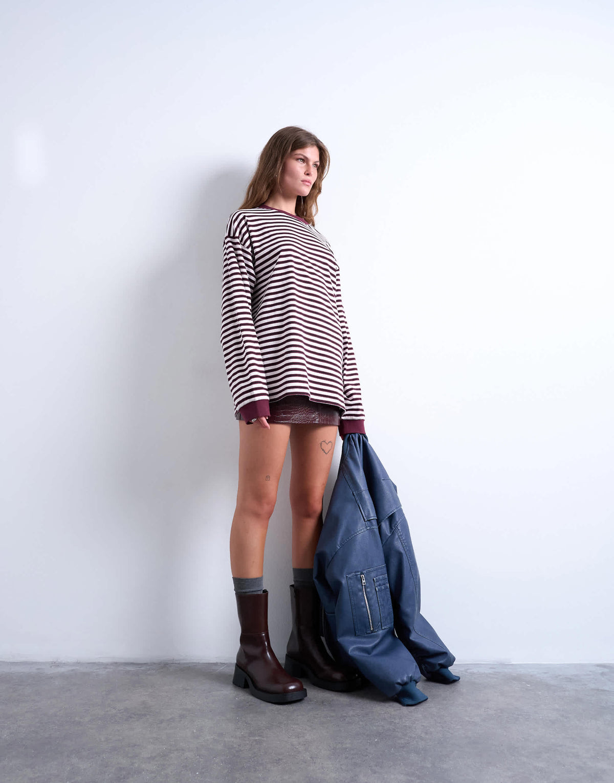 Topshop stripe long sleeve slouchy skater tee in burgundy