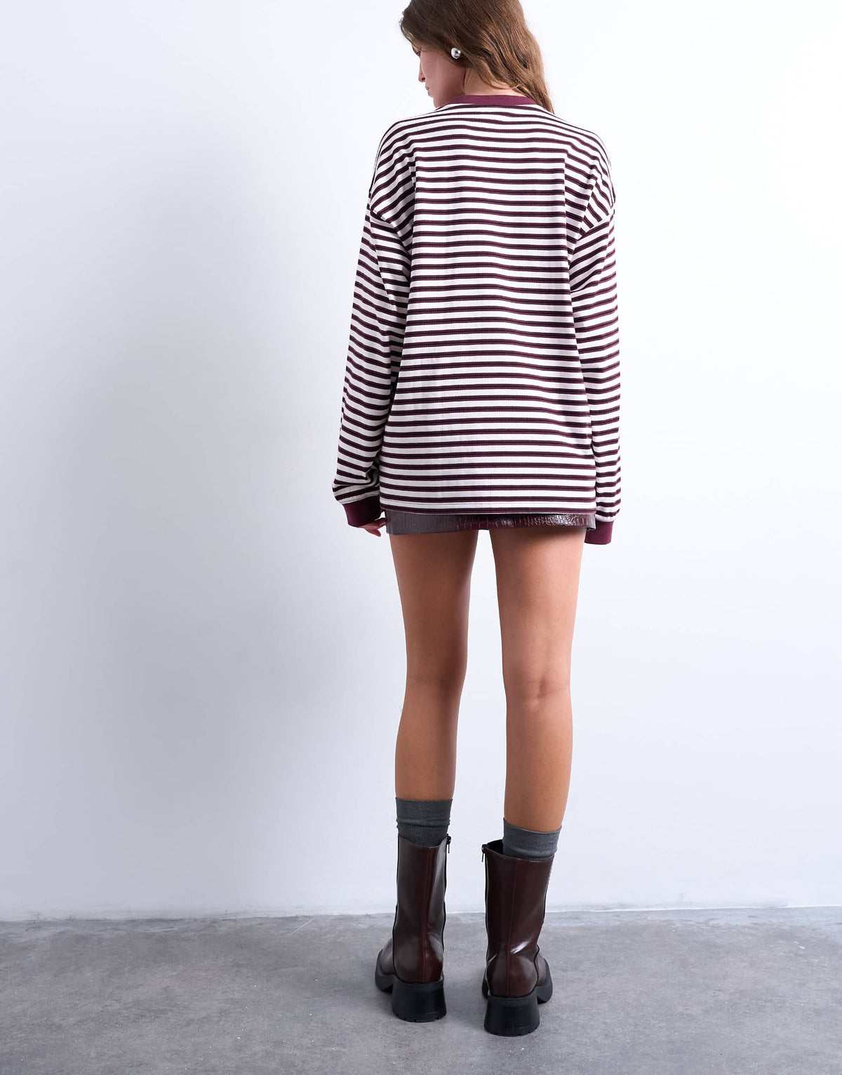 Topshop stripe long sleeve slouchy skater tee in burgundy