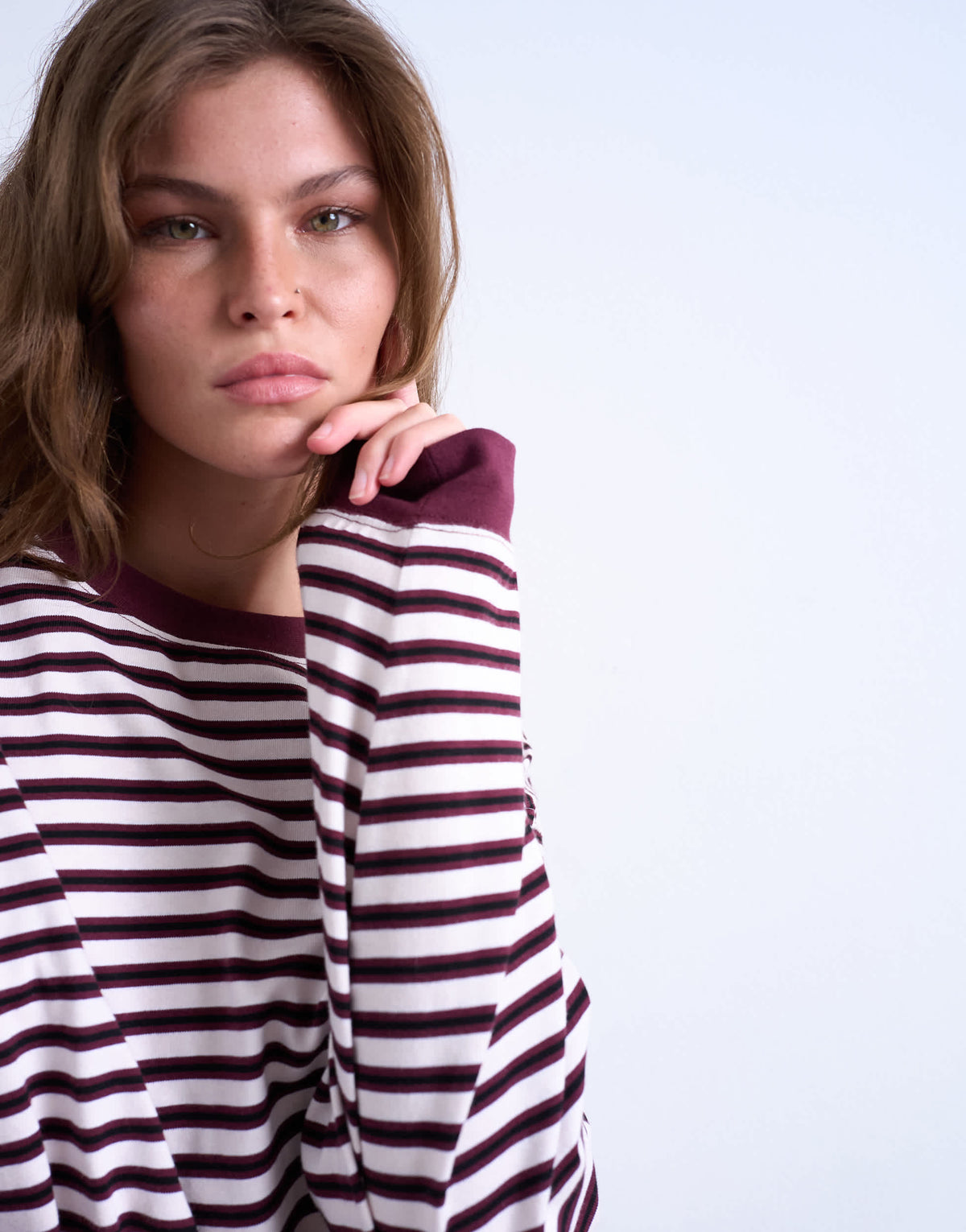 Topshop stripe long sleeve slouchy skater tee in burgundy