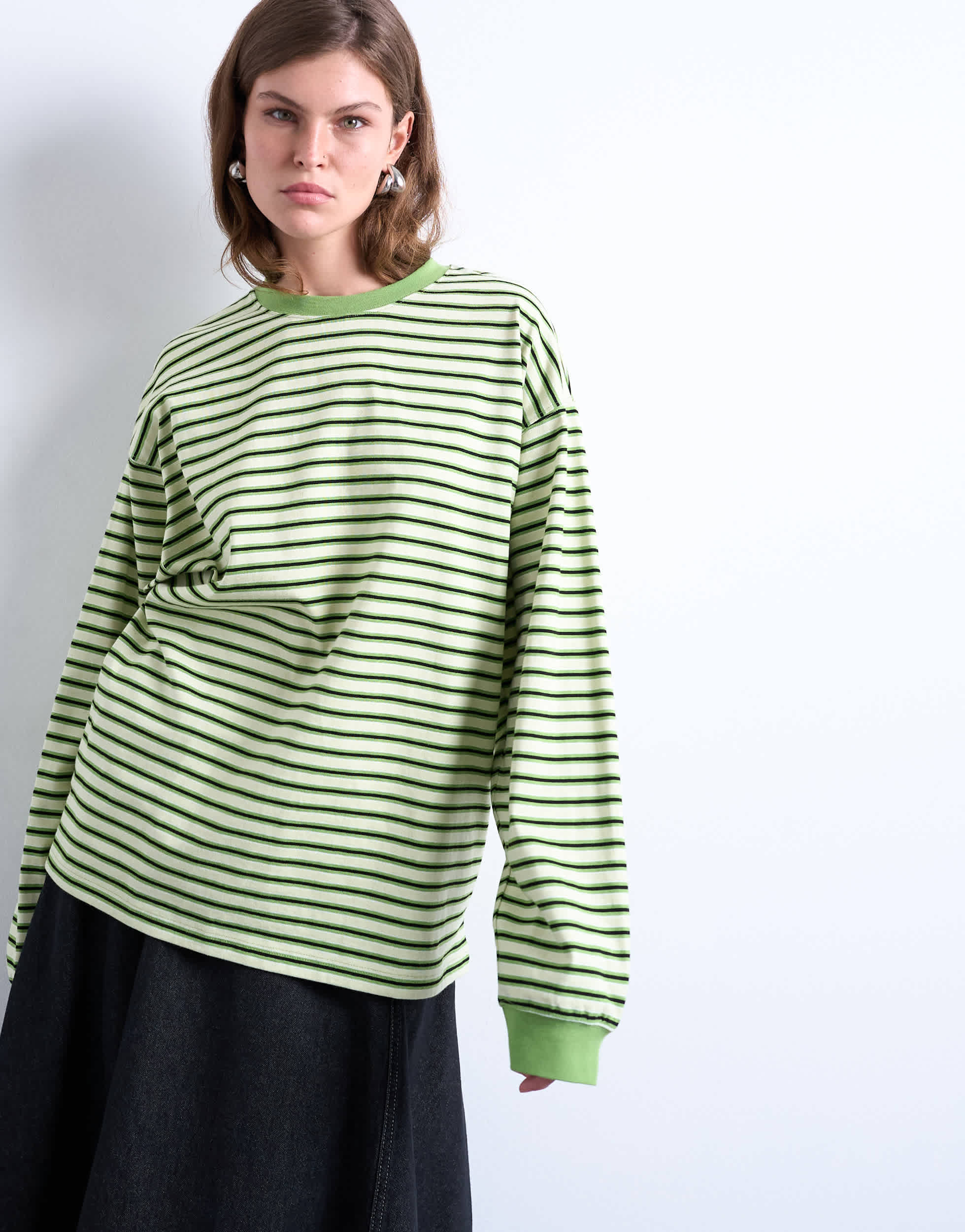 Topshop stripe long sleeve slouchy skater tee in green