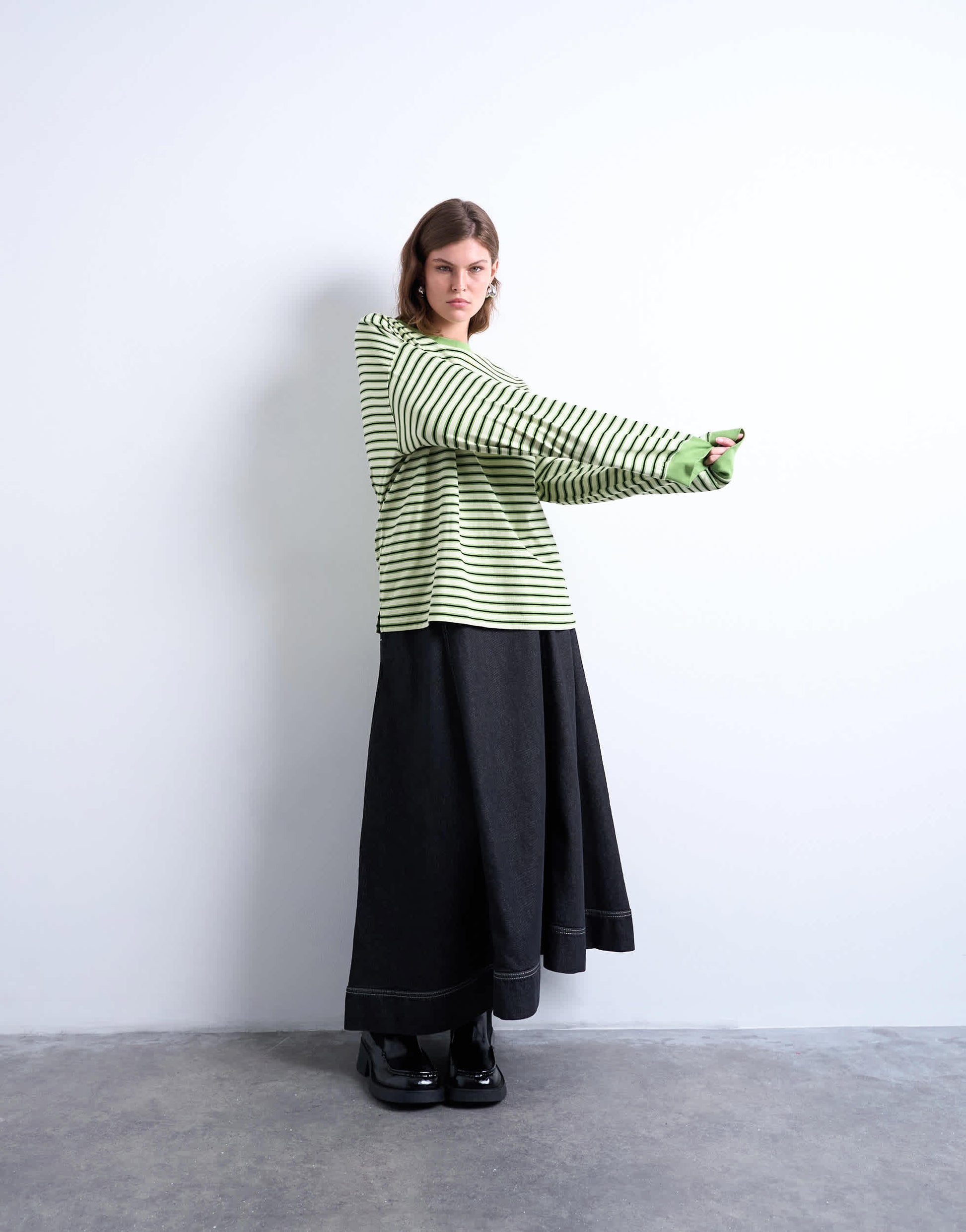 Topshop stripe long sleeve slouchy skater tee in green