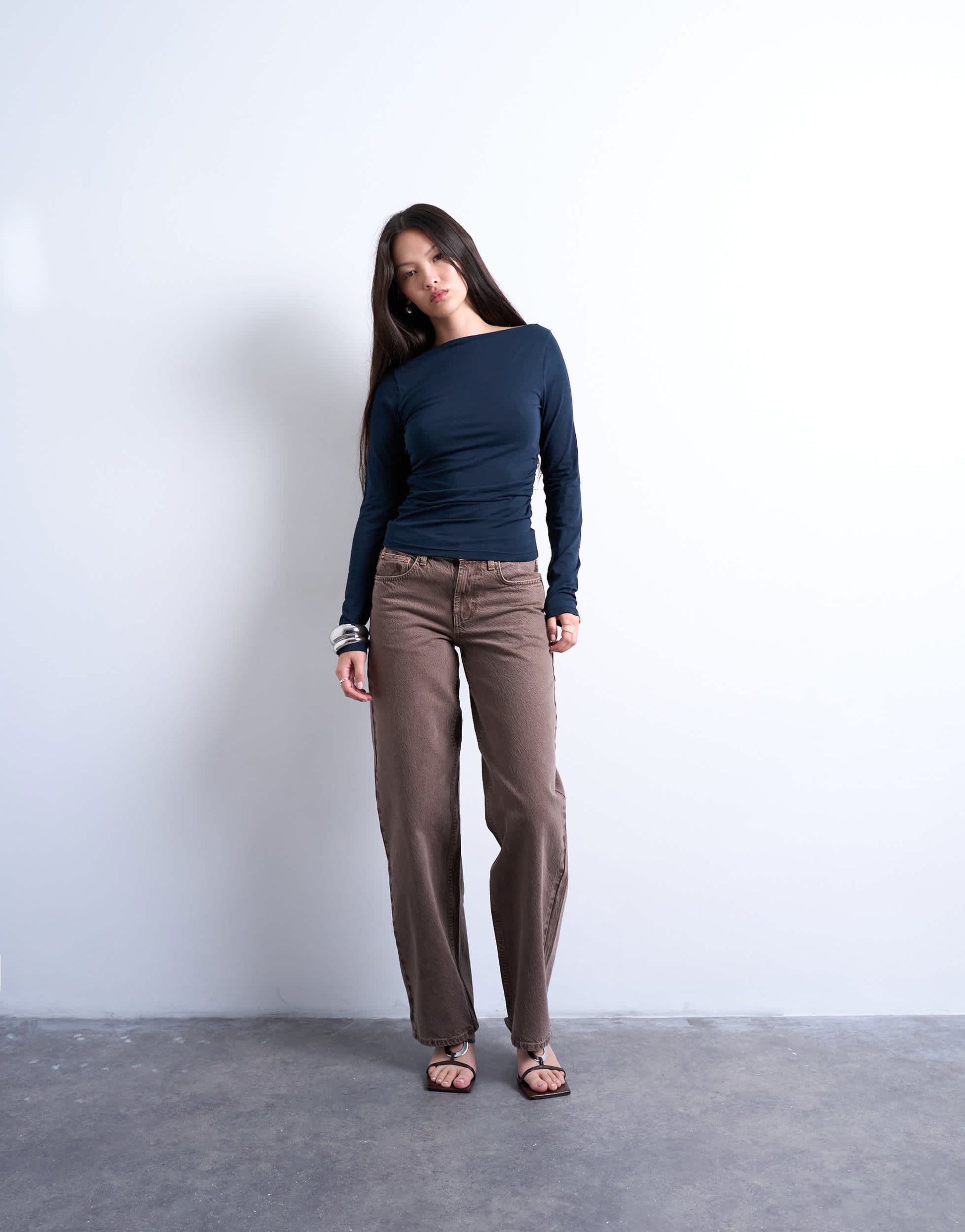 Topshop modal ruched slash neck long sleeve top in navy