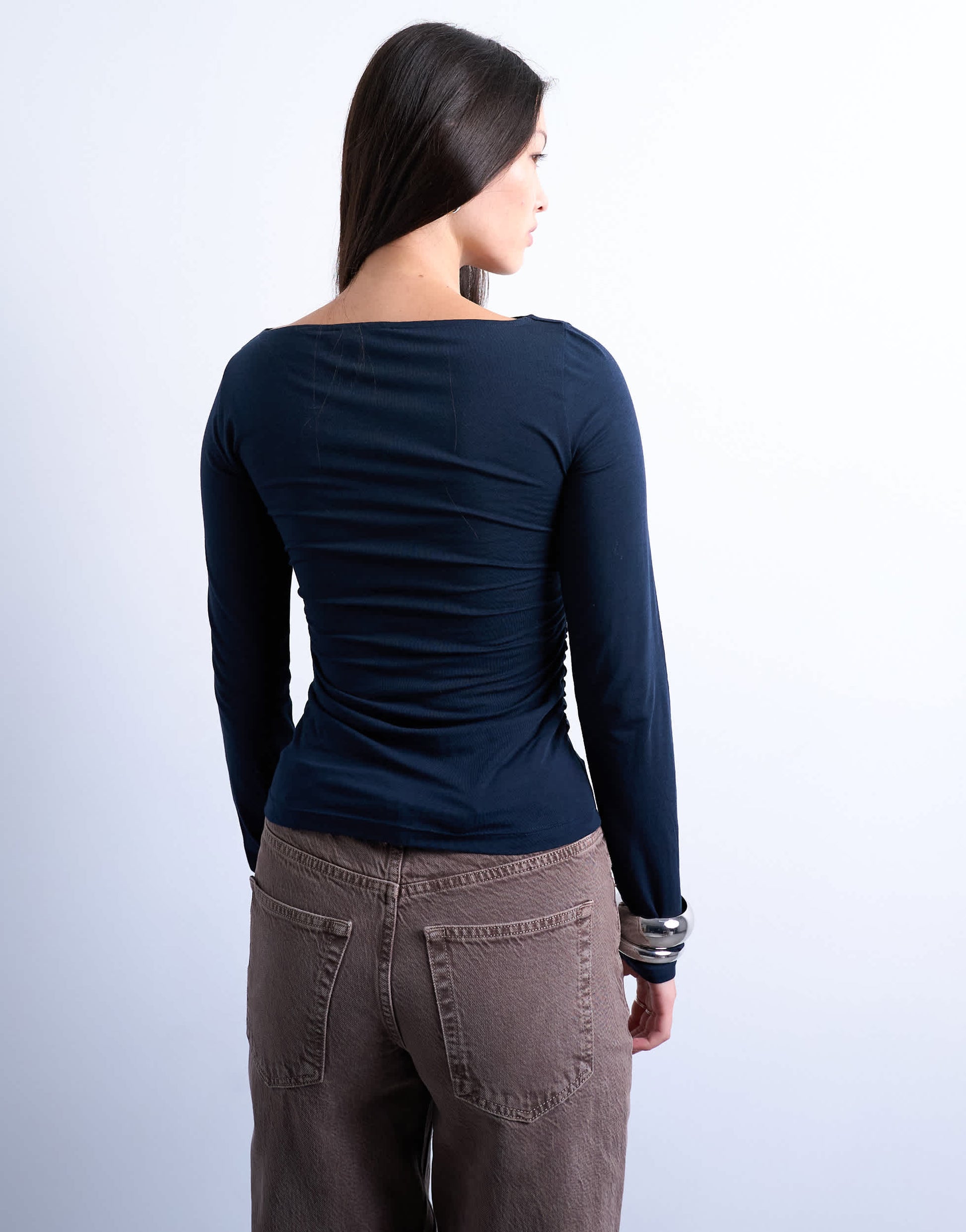 Topshop modal ruched slash neck long sleeve top in navy