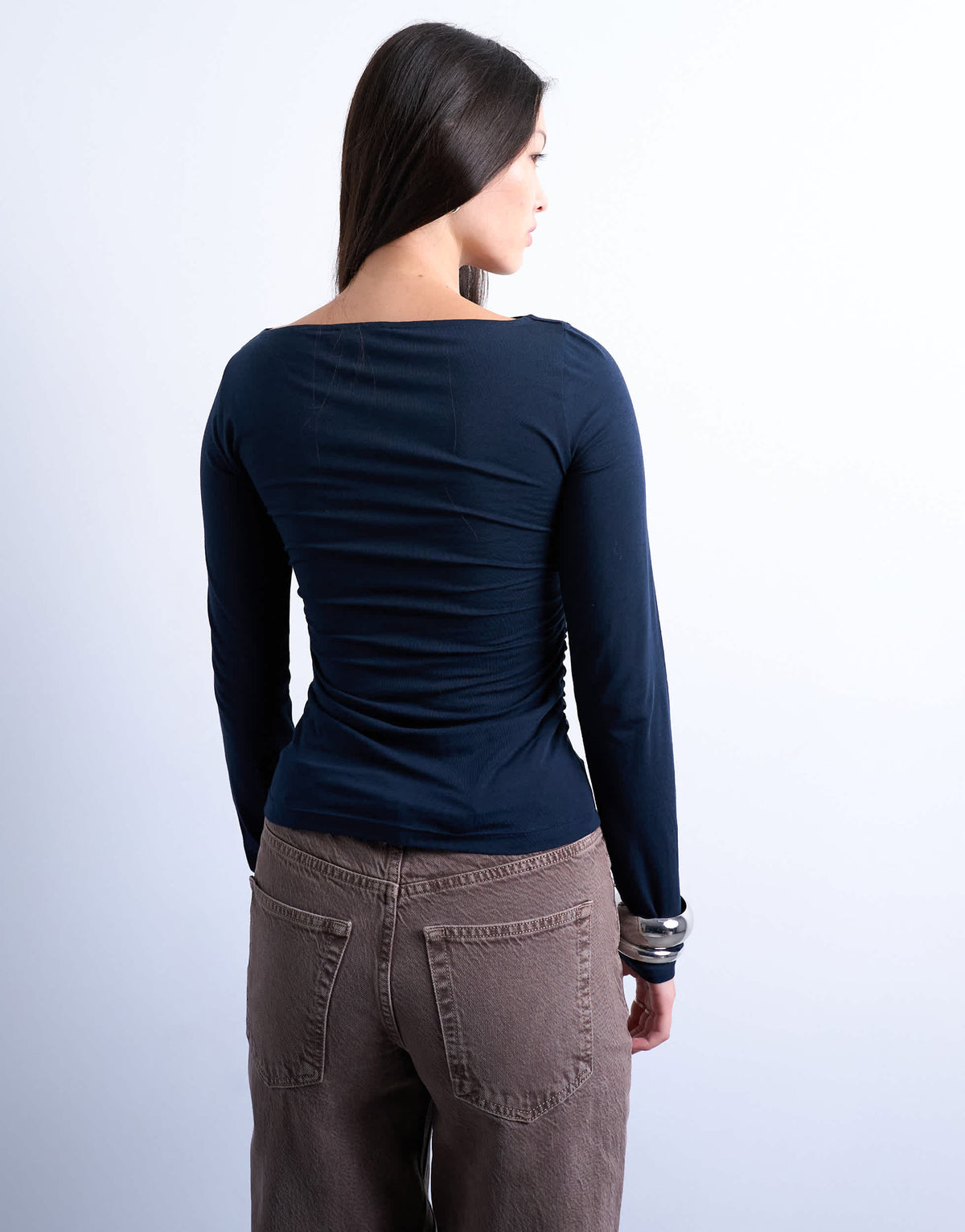 Topshop modal ruched slash neck long sleeve top in navy