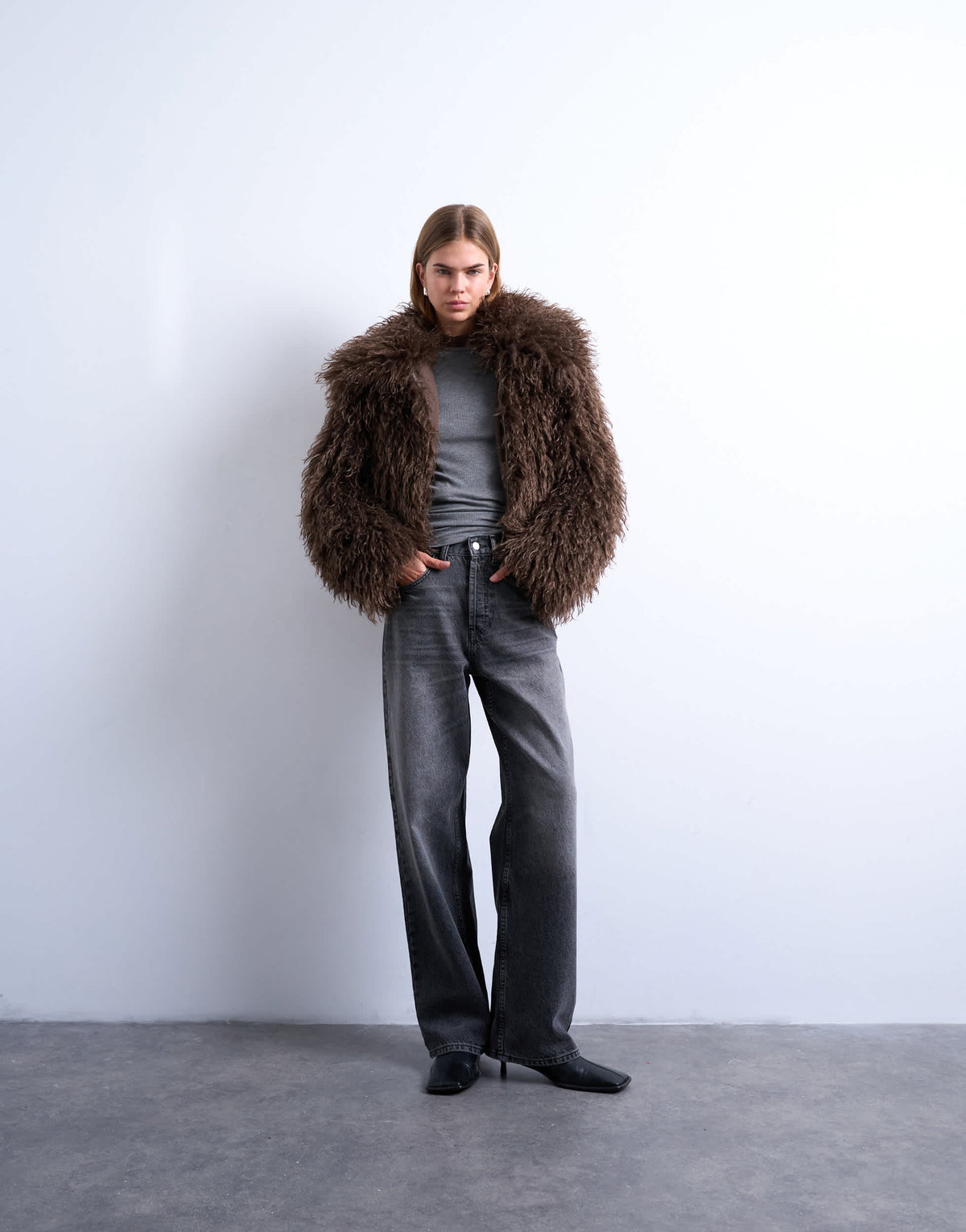 Topshop faux mongolian fur bomber coat in chocolate
