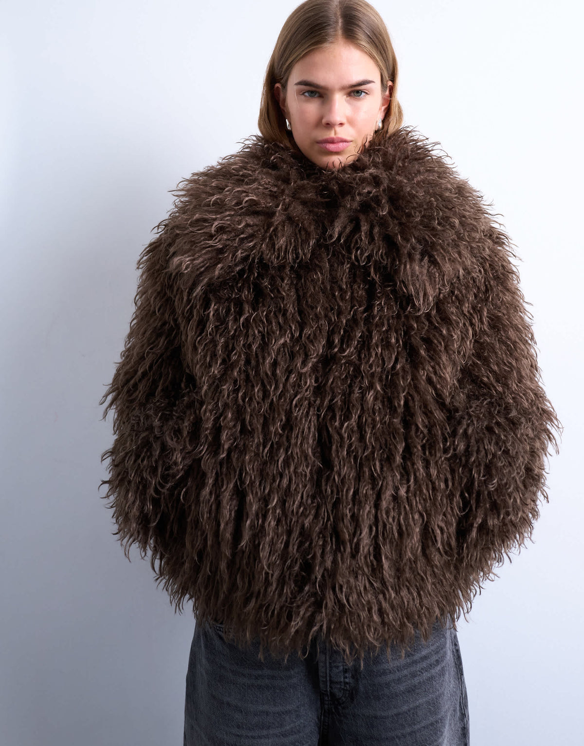 Topshop faux mongolian fur bomber coat in chocolate
