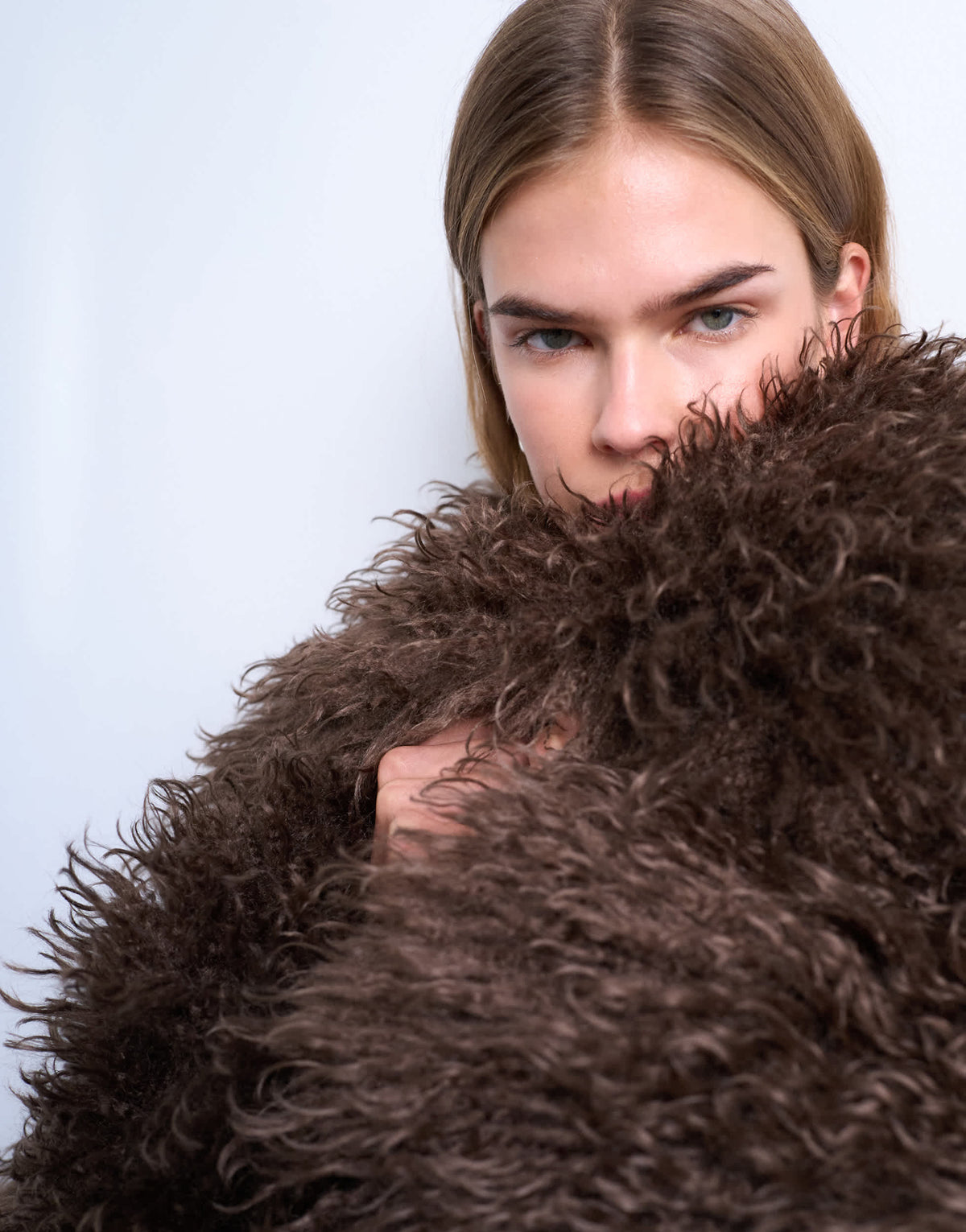 Topshop faux mongolian fur bomber coat in chocolate