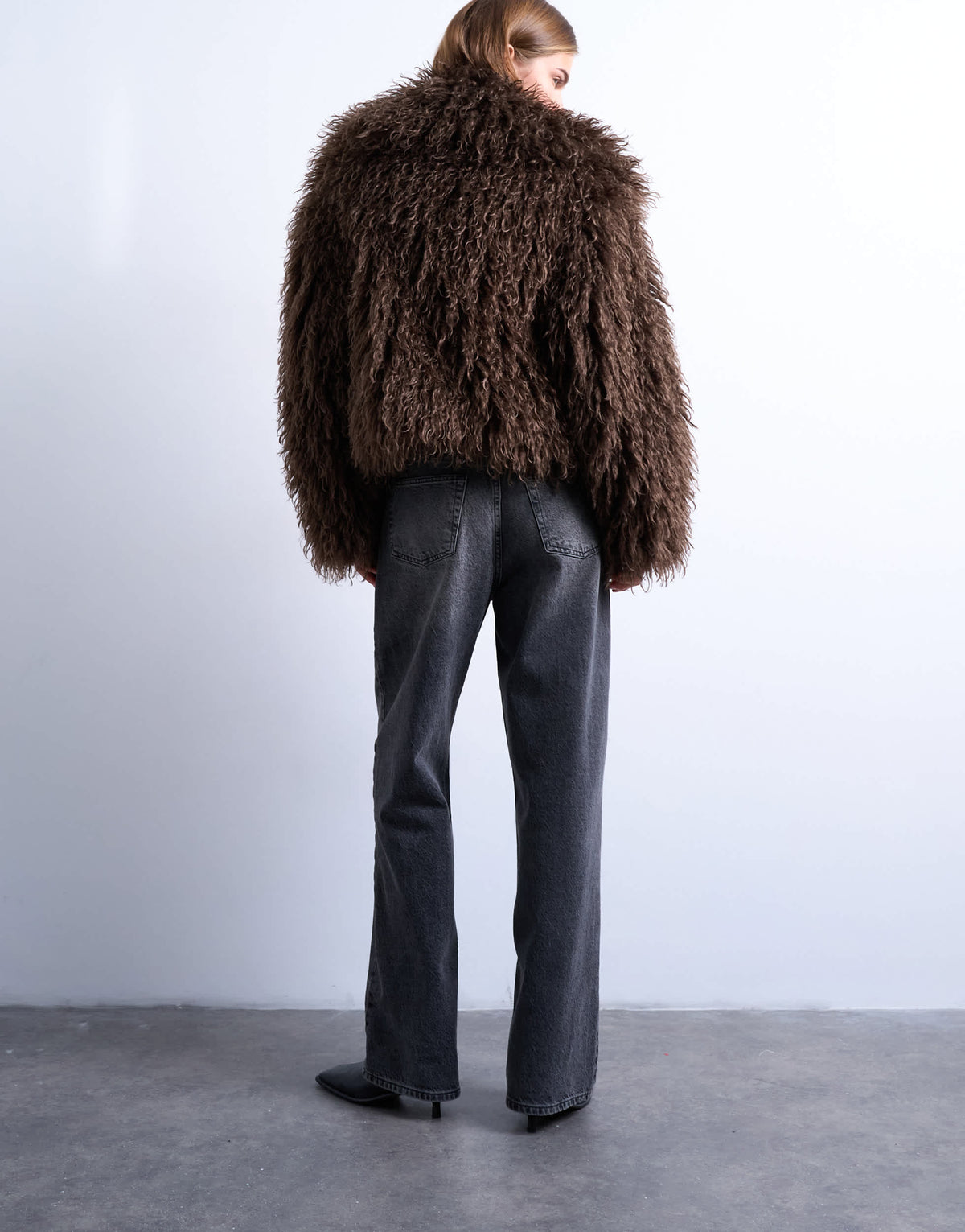 Topshop faux mongolian fur bomber coat in chocolate
