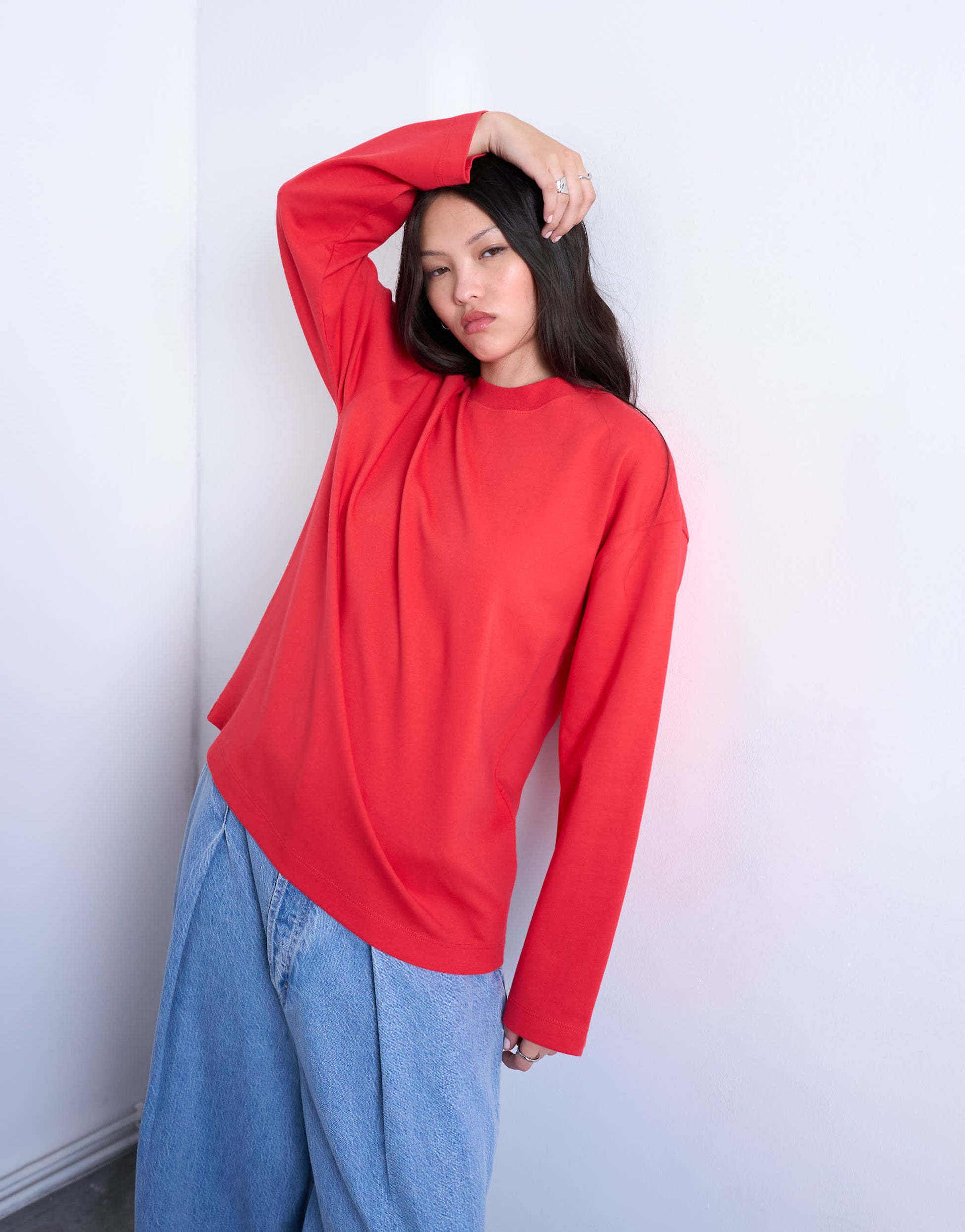 Topshop premium interlock long sleeve skater tee in red