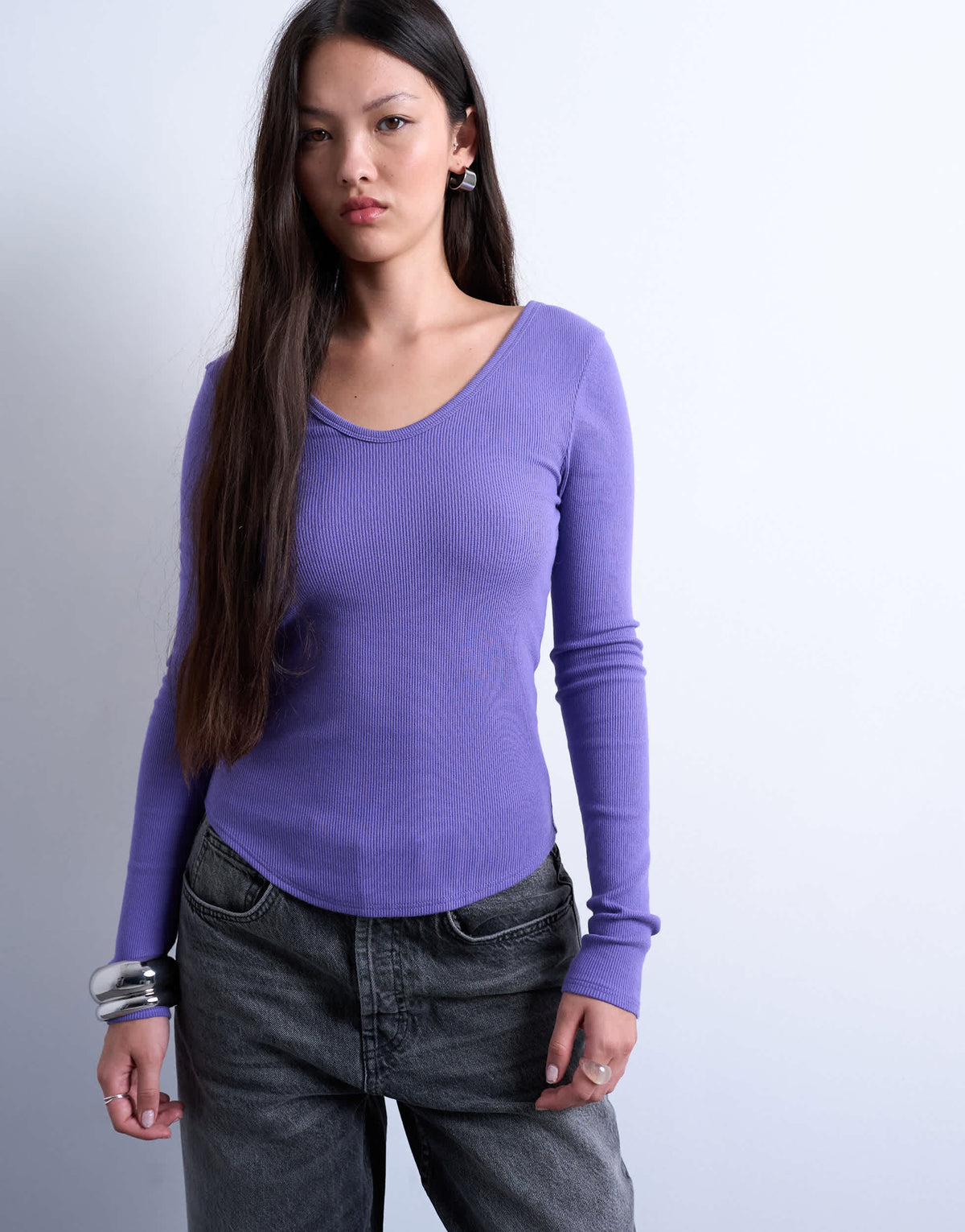 Topshop rib v-neck long sleeve curved hem top in purple