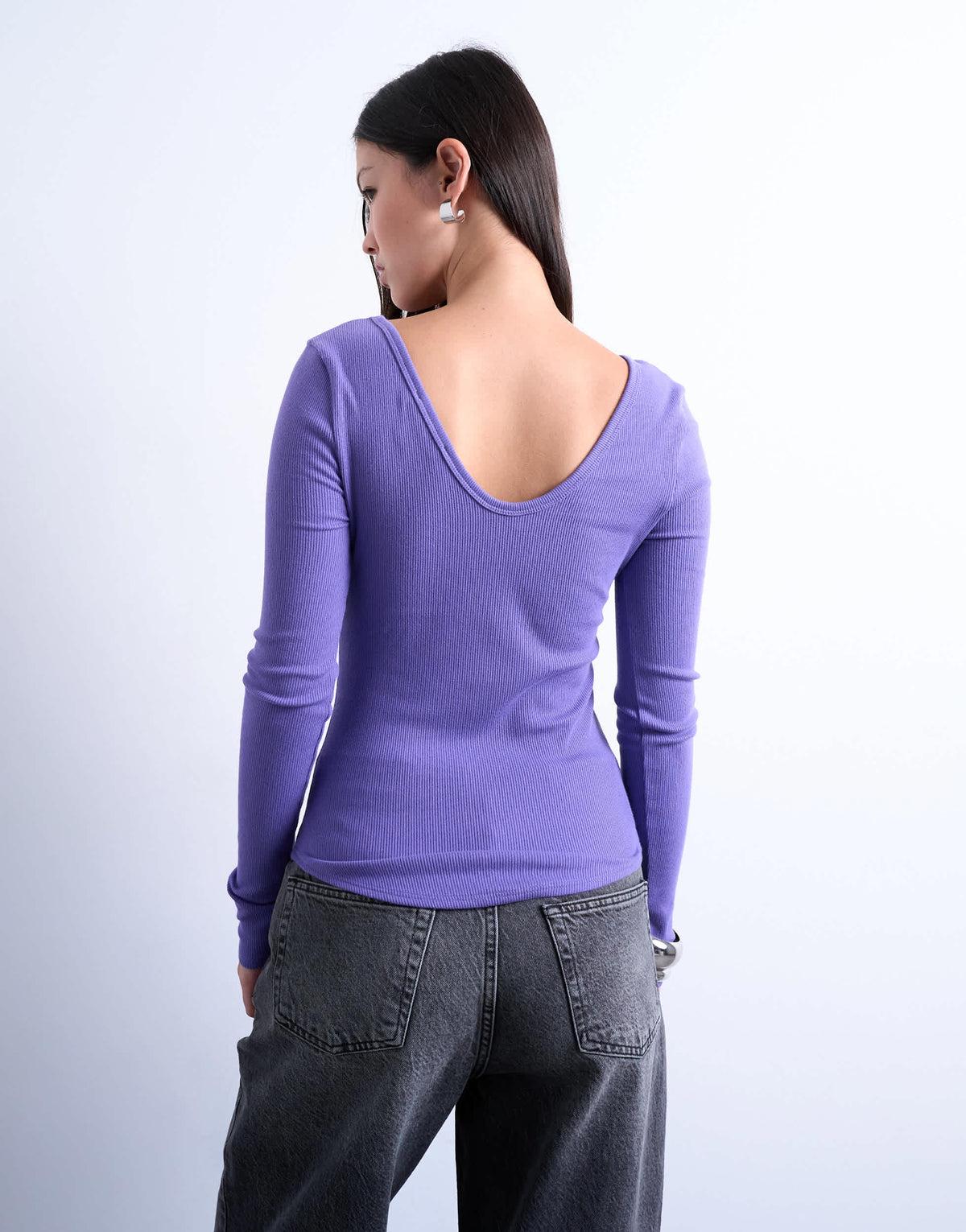 Topshop rib v-neck long sleeve curved hem top in purple