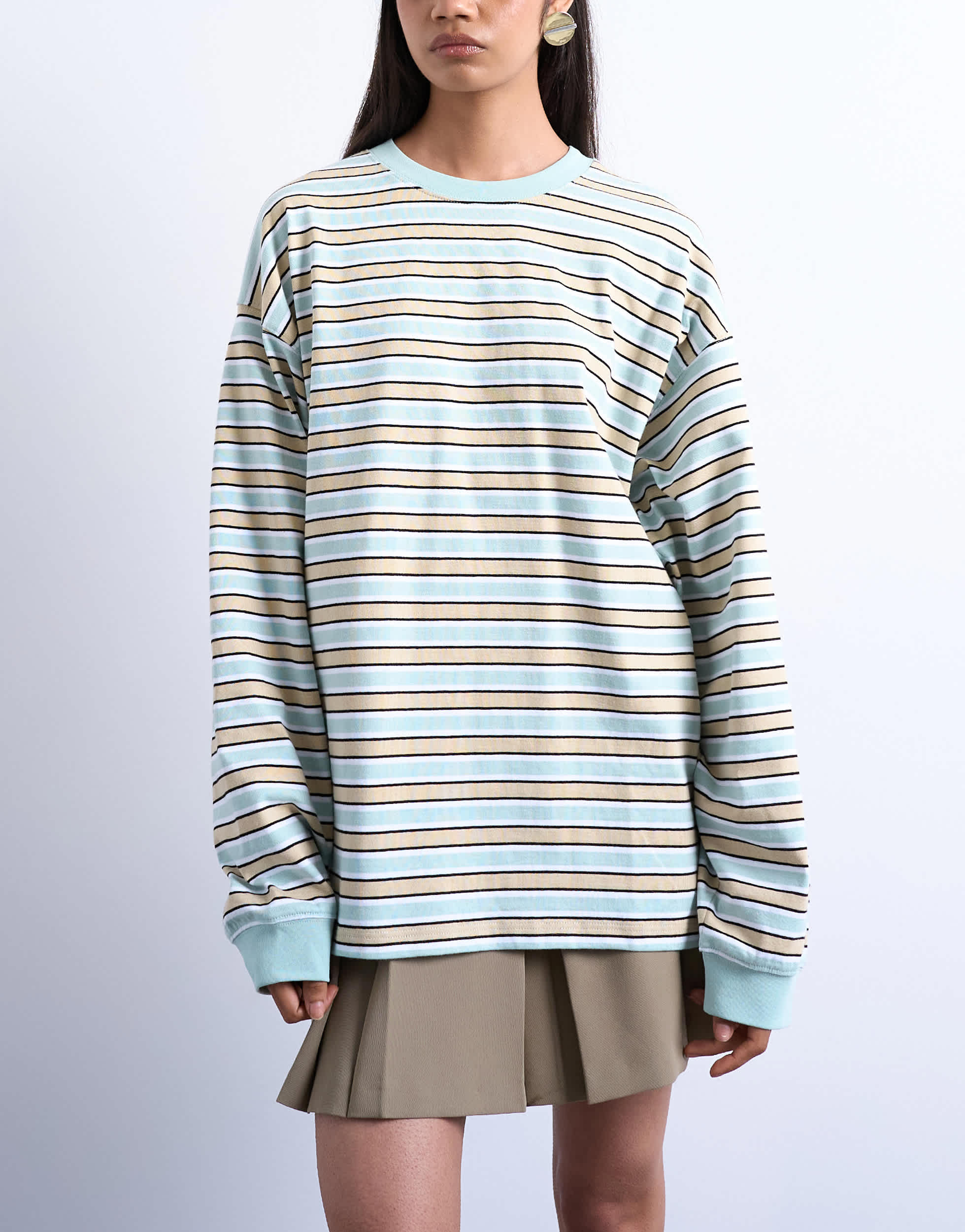 Topshop gestreiftes, langärmeliges, lässiges Skater-T-Shirt in Beige