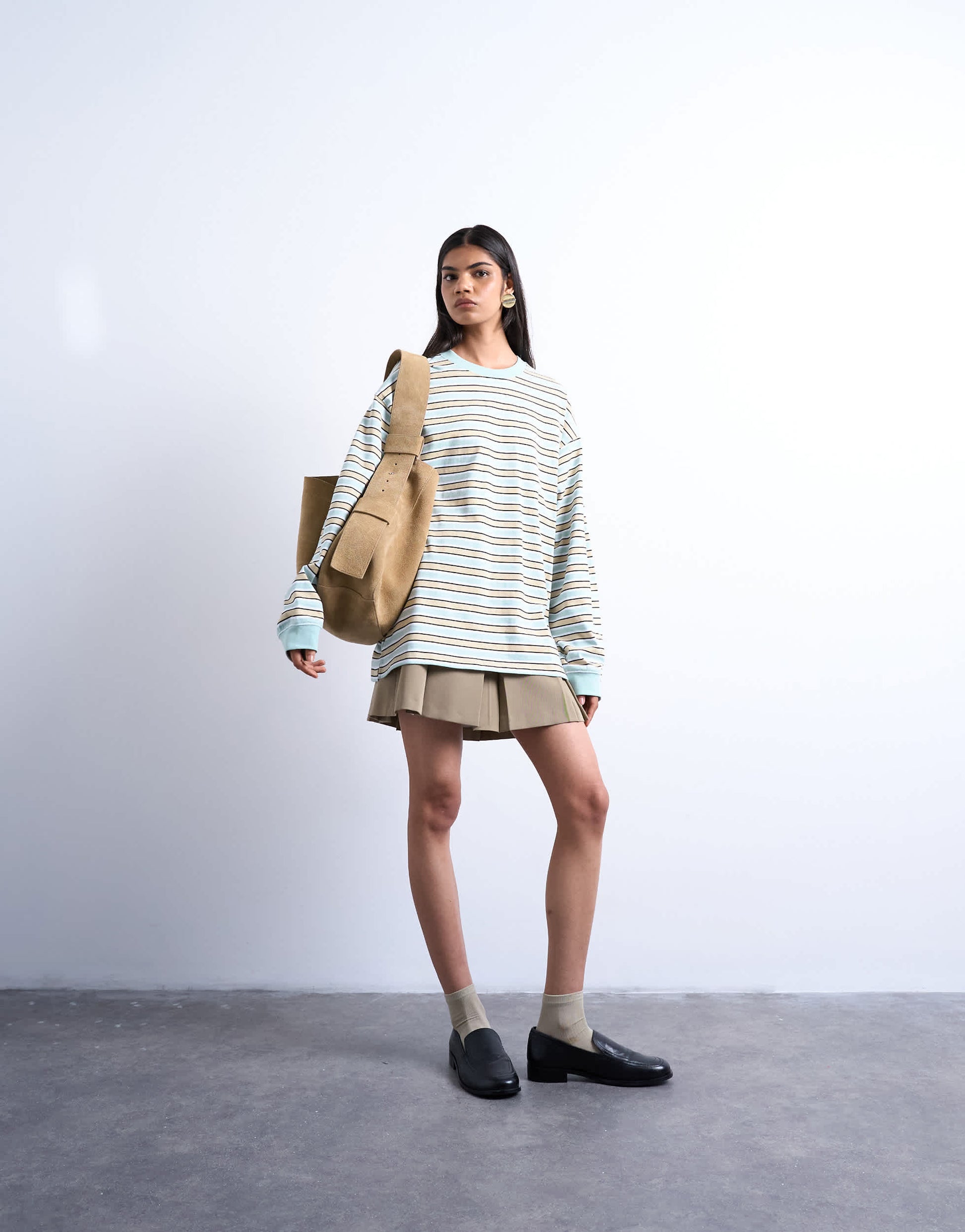 Topshop stripe long sleeve slouchy skater tee in beige
