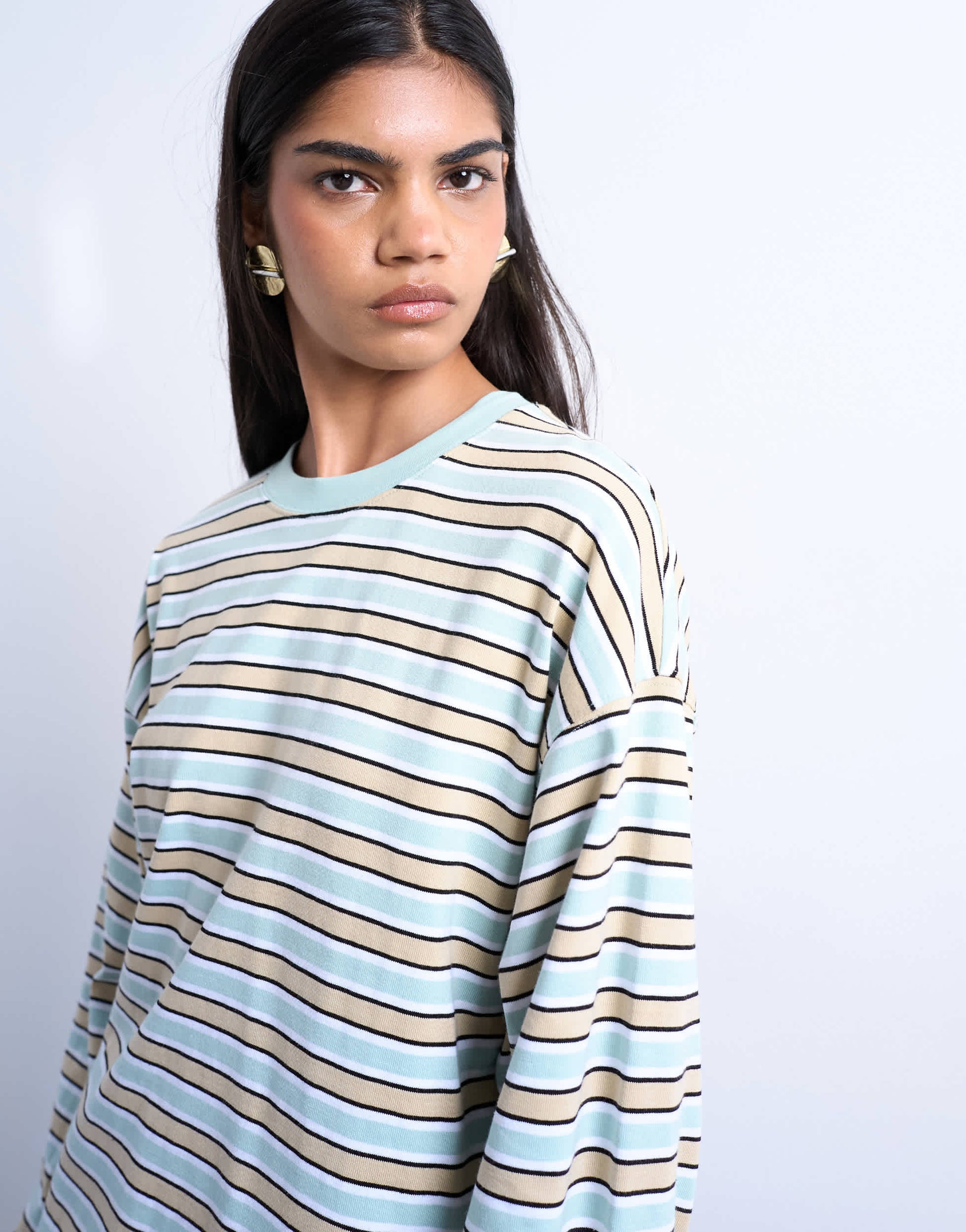 Topshop stripe long sleeve slouchy skater tee in beige