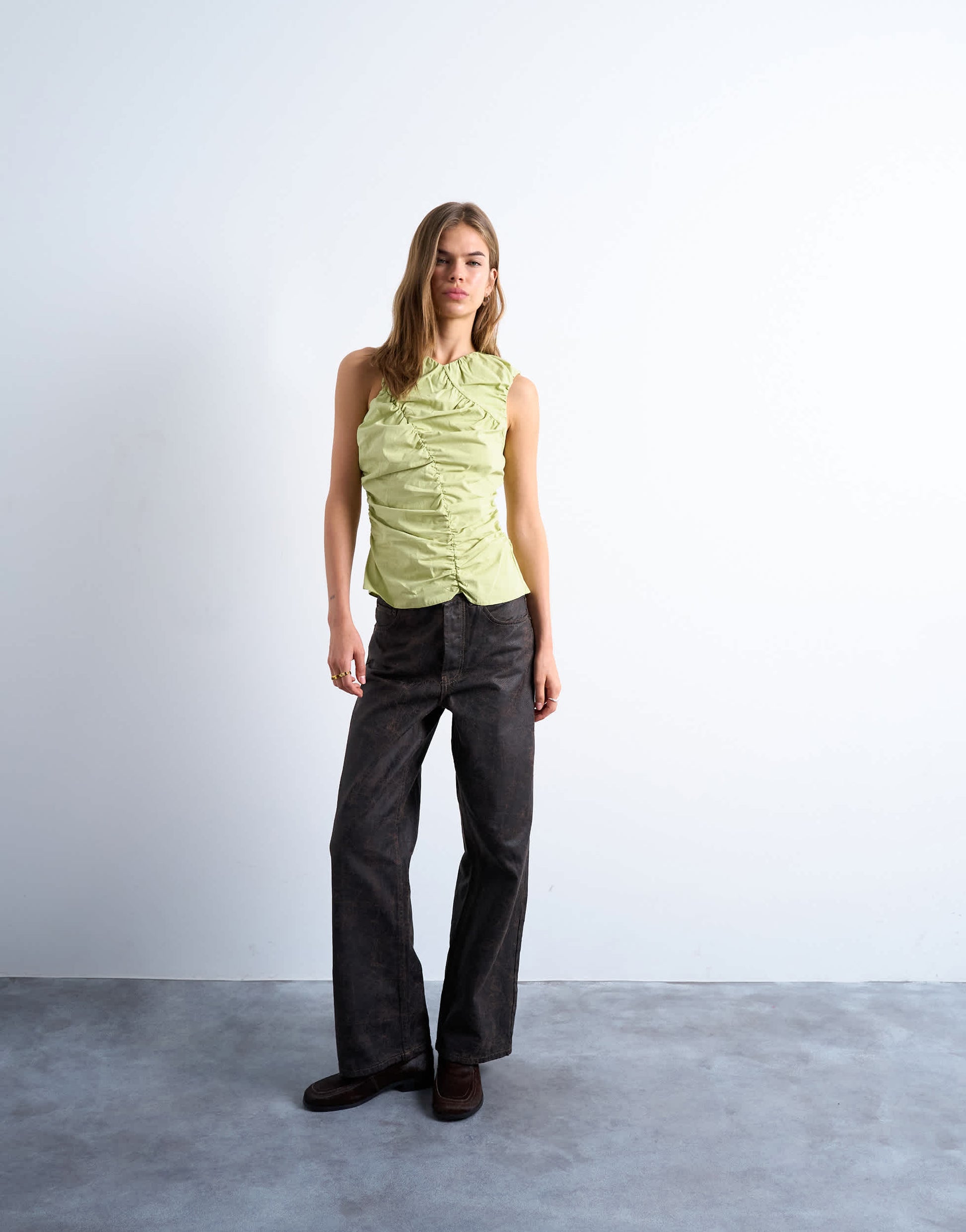 Topshop poplin ruched shell top in apple green