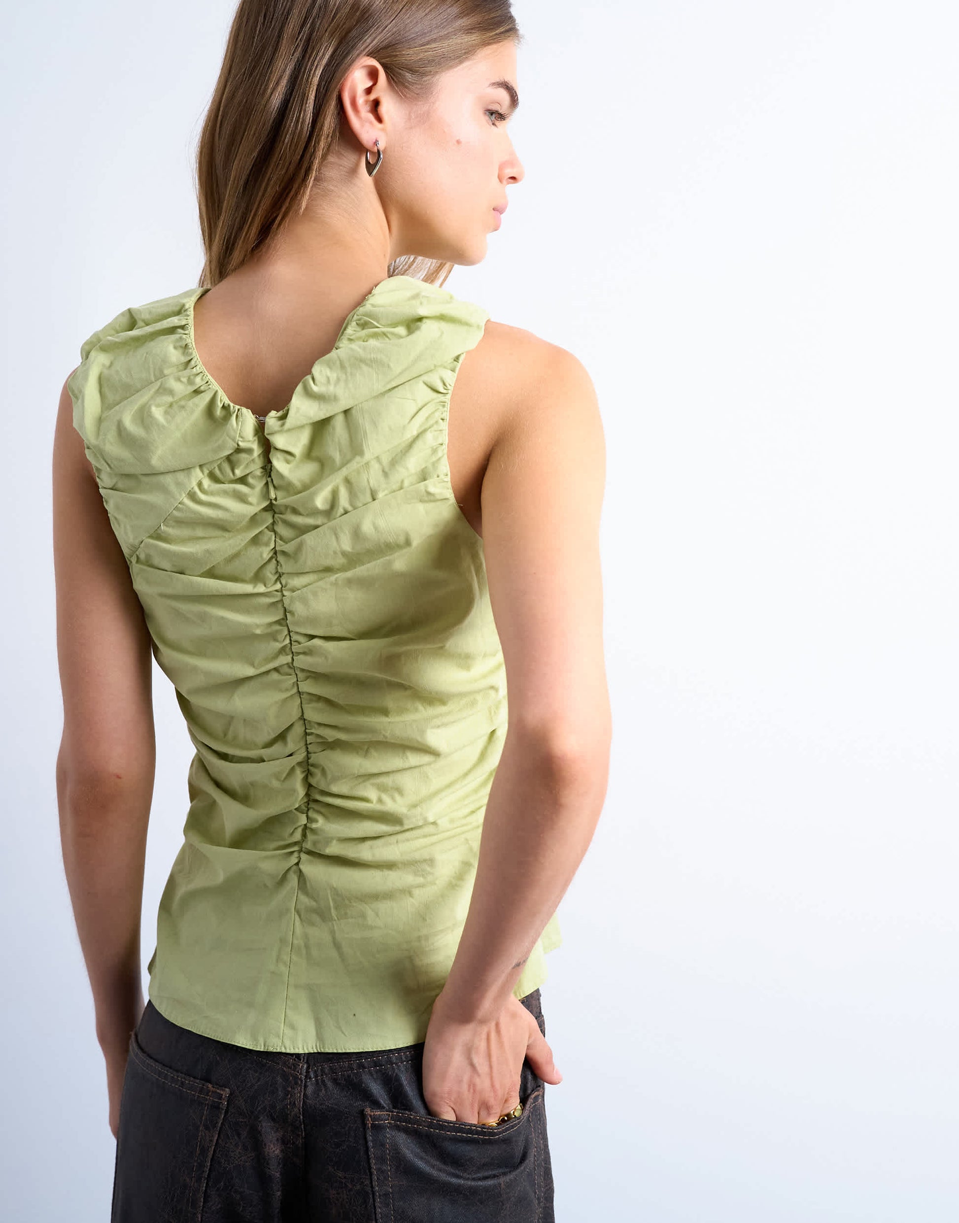 Topshop poplin ruched shell top in apple green