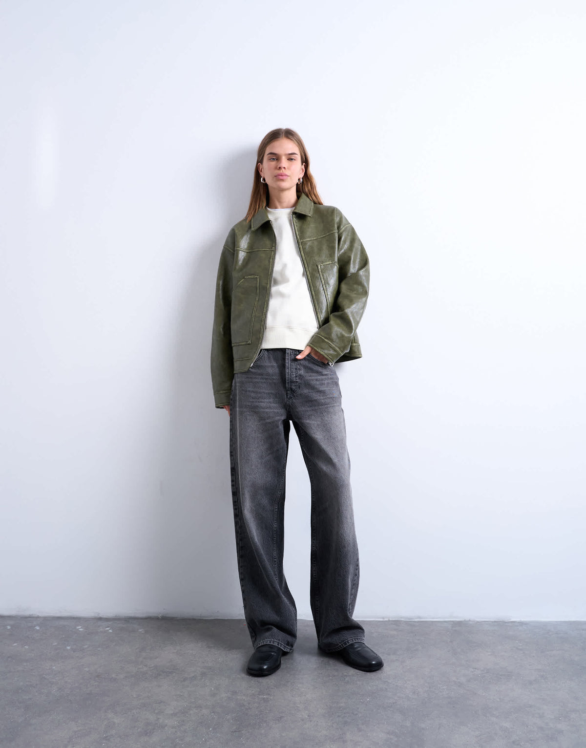 Topshop faux leather zip through jacket with patch pockets in washed green